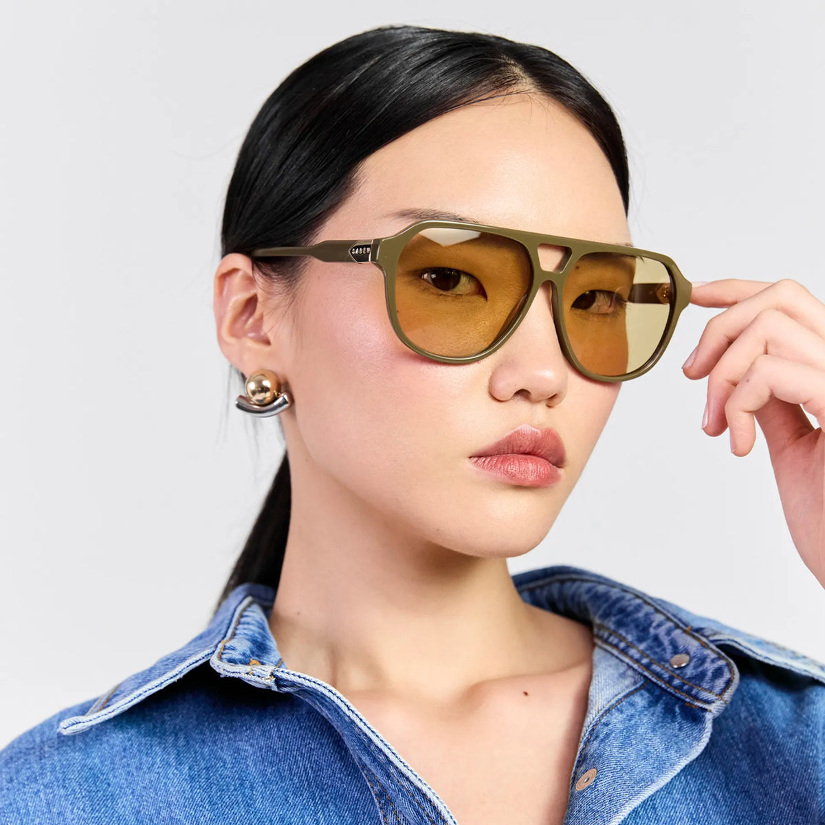 Saben Eyewear Marlo Sunglasses in Olive - aviator-style acetate frames with a top bar and green lenses