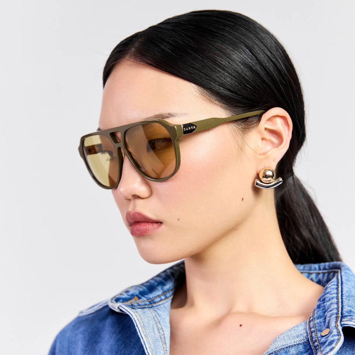 Saben Eyewear Marlo Sunglasses in Olive - aviator-style acetate frames with a top bar and green lenses