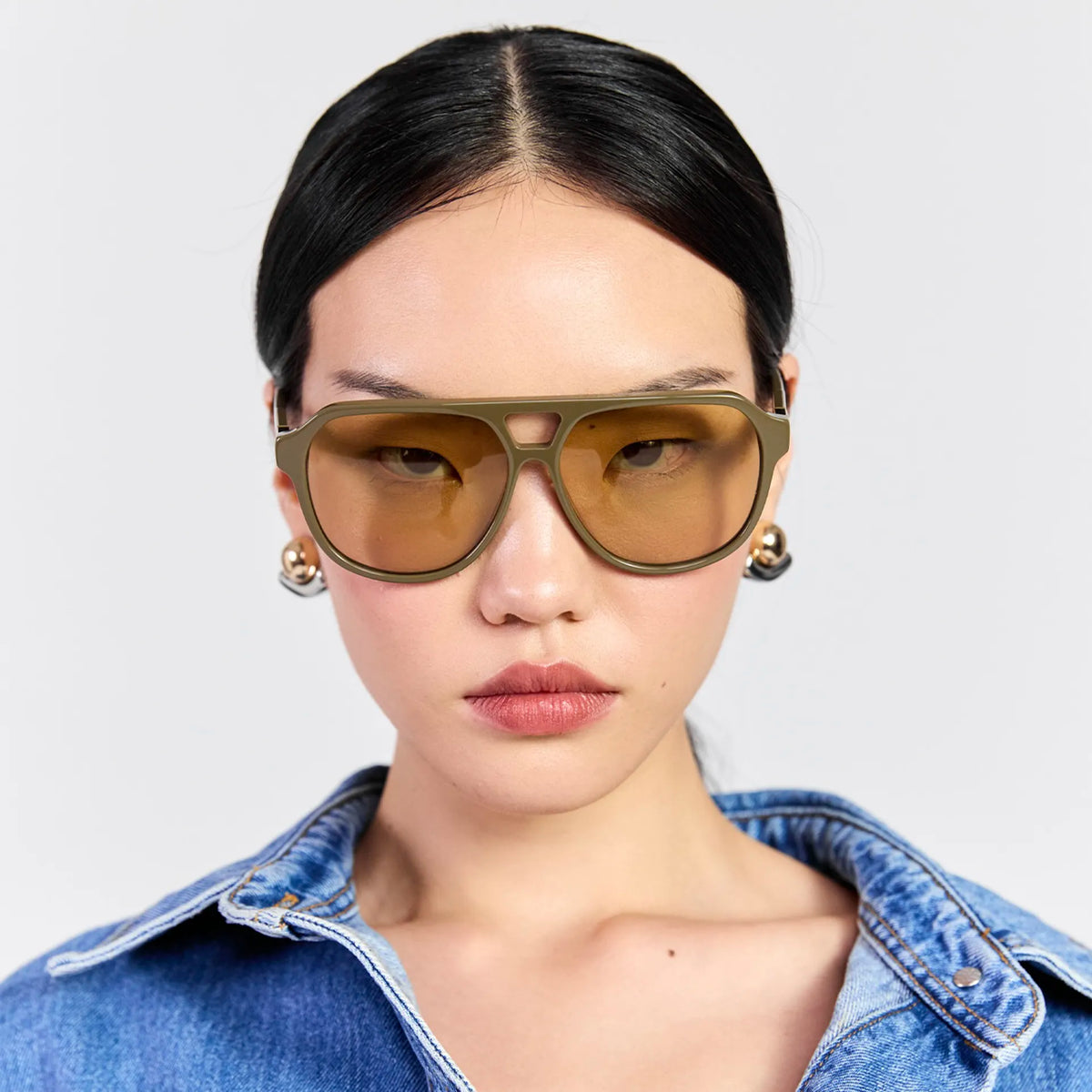 Saben Eyewear Marlo Sunglasses in Olive - aviator-style acetate frames with a top bar and green lenses