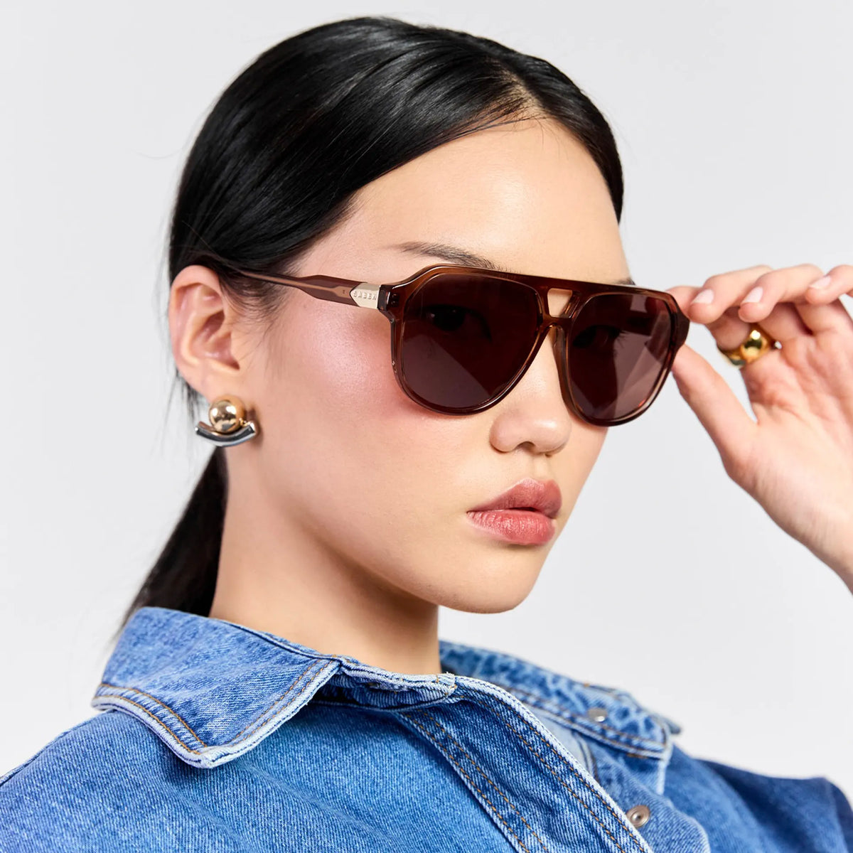 Saben Eyewear Marlo Sunglasses in Sheer Brown - aviator-style acetate frames with a top bar and brown lenses