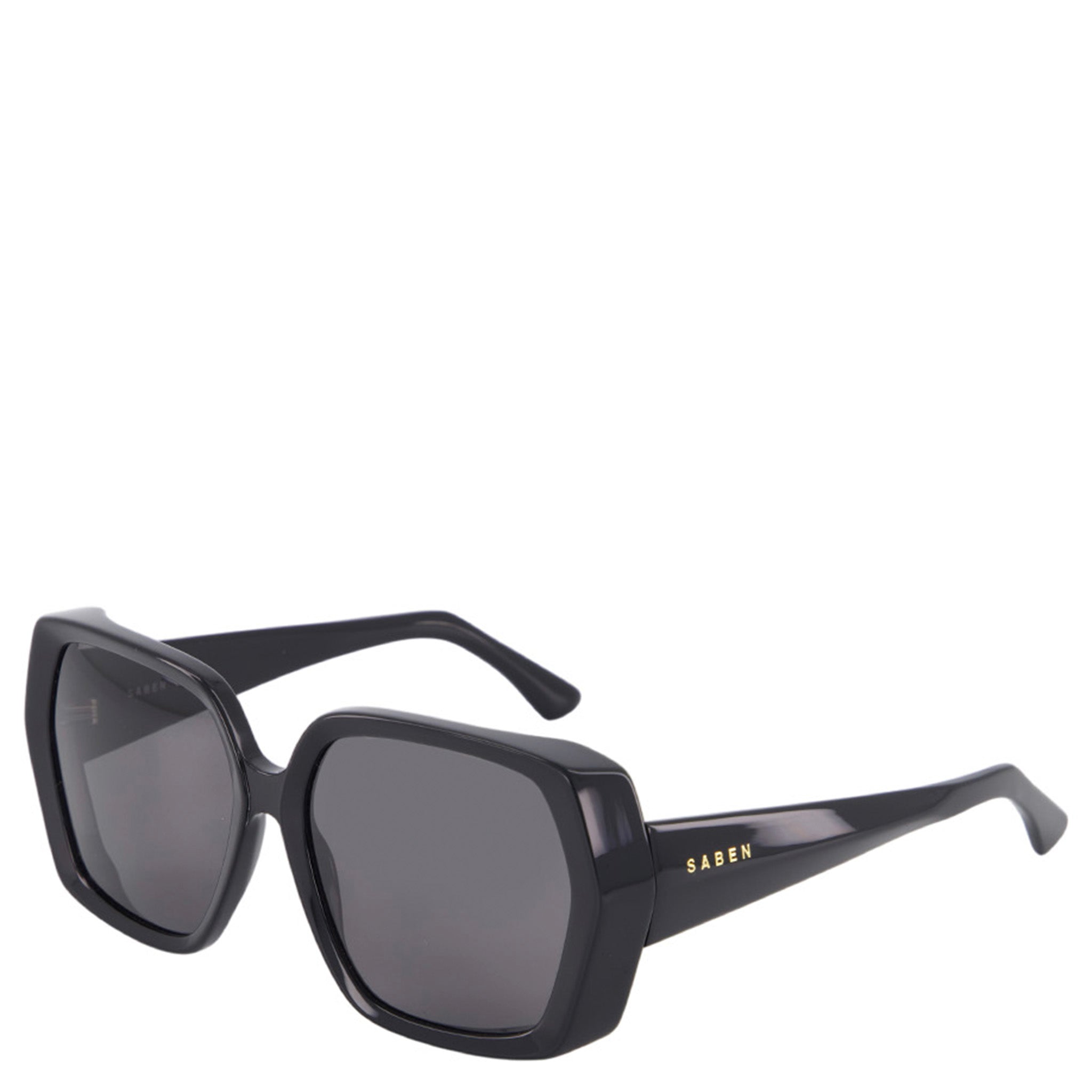 Black sunglasses with a brand logo on a white background