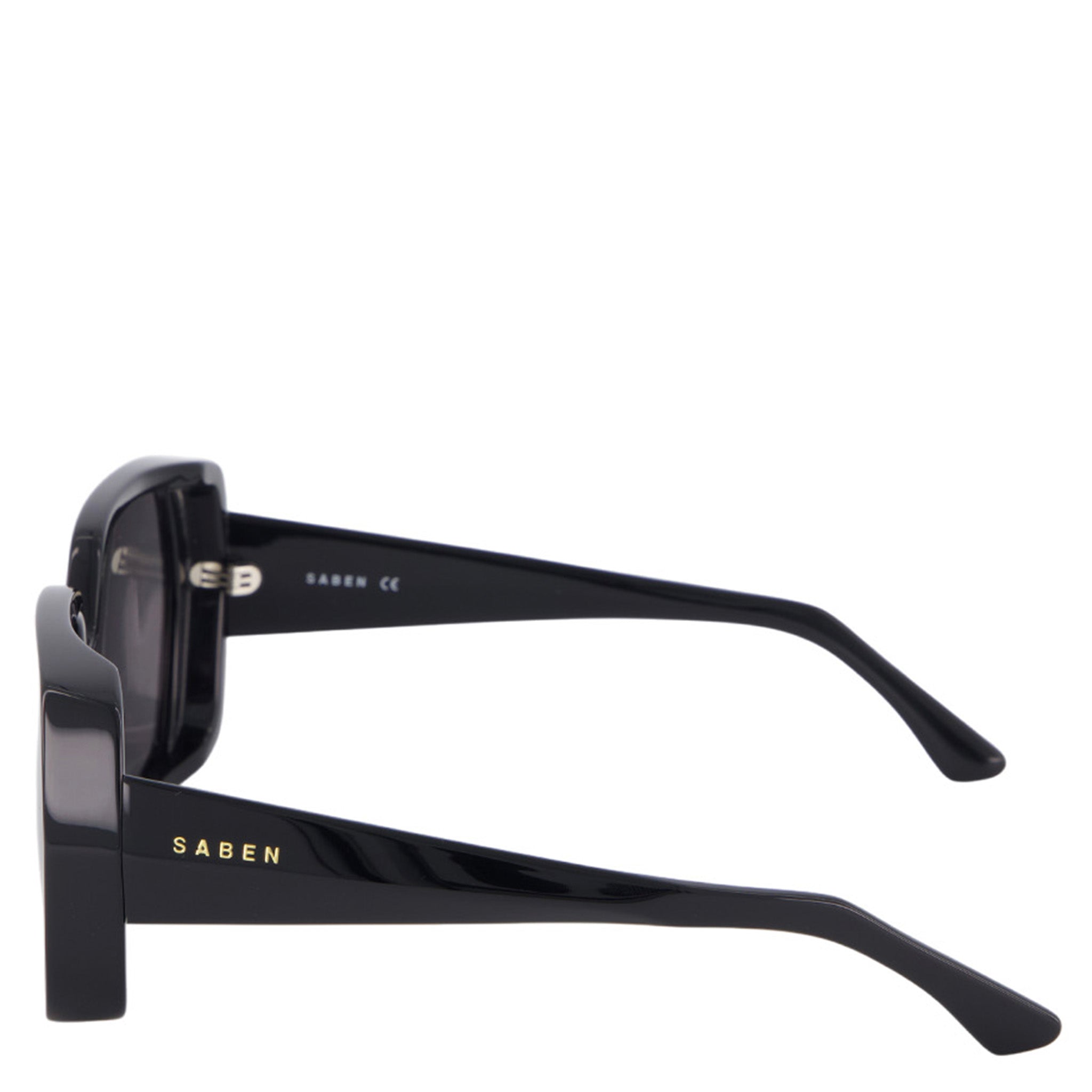 Black sunglasses with 'Saben' branding on a white background