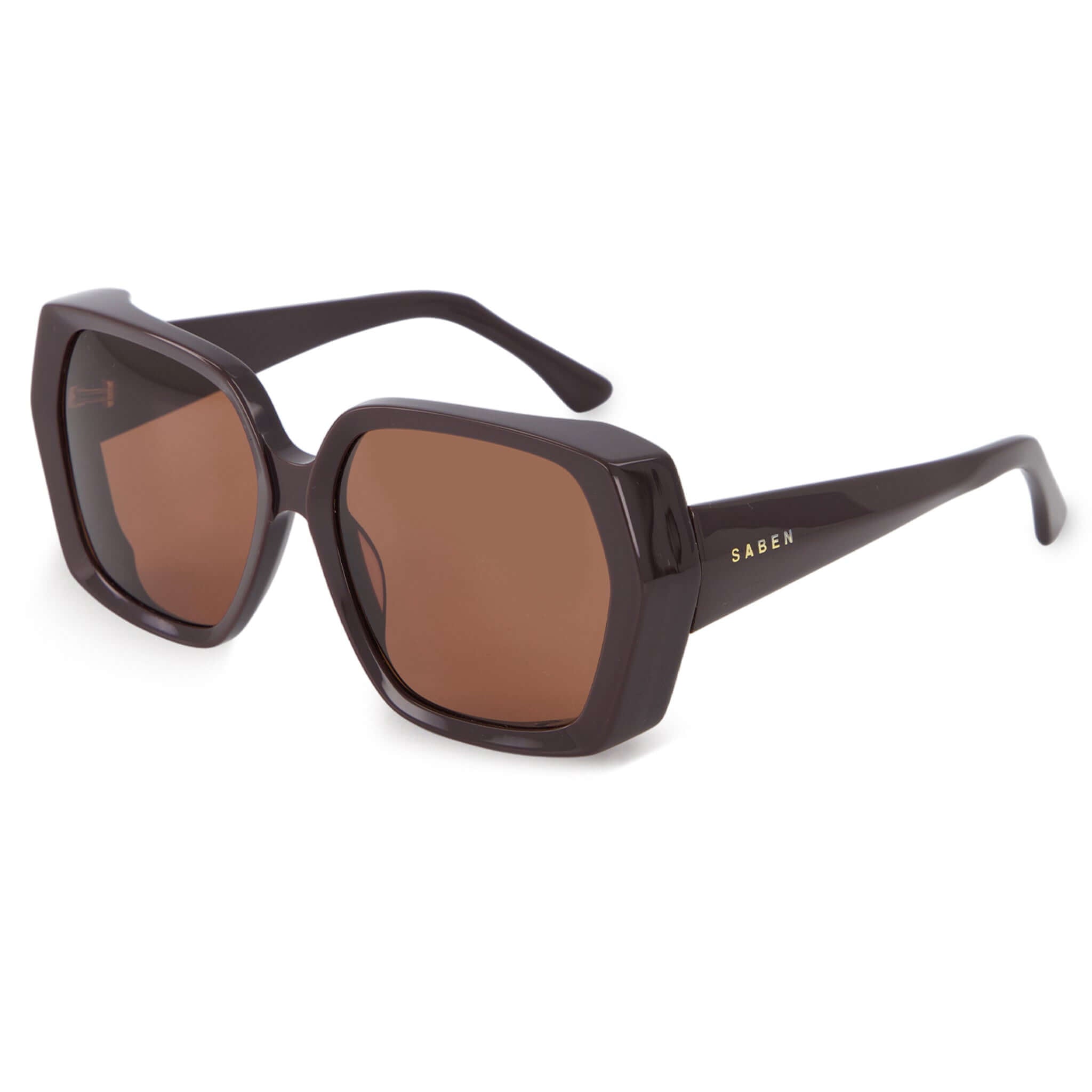 Alt Tag: Saben Eyewear Remi Sunglasses - Espresso oversized hexagonal acetate frame with brown lenses, bevelled detail and 70s-inspired style