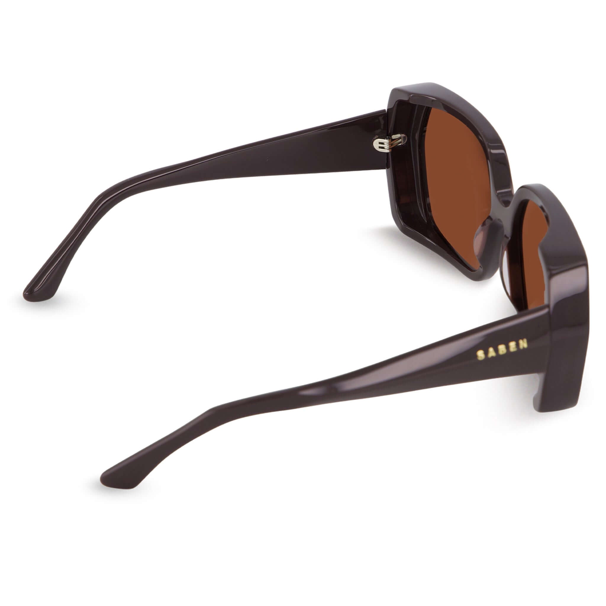 Alt Tag: Saben Eyewear Remi Sunglasses - Espresso oversized hexagonal acetate frame with brown lenses, side view with branded temple