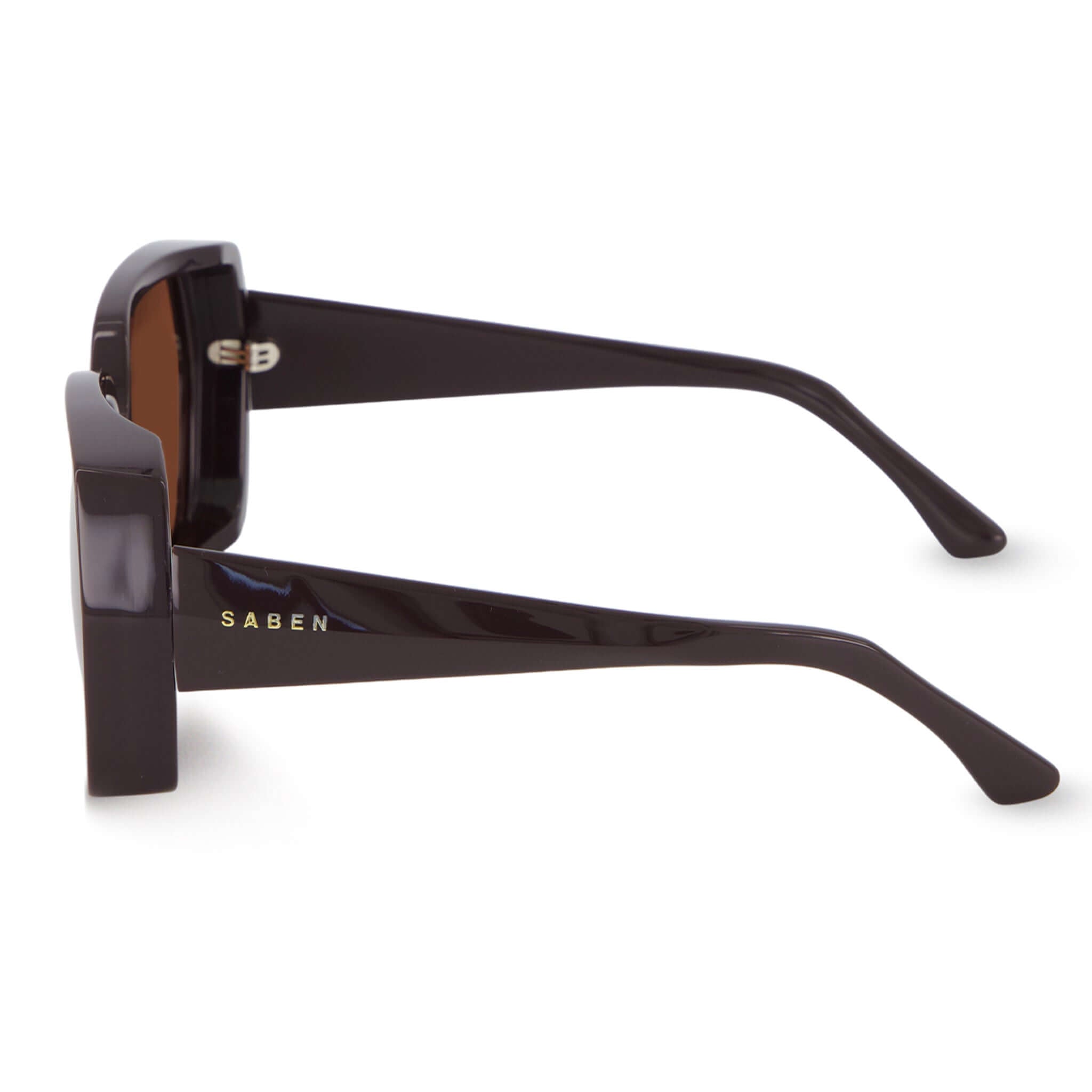 Saben Eyewear Remi Sunglasses - Espresso side view oversized hexagonal acetate frame with beveled edge and 5-barrel hinge