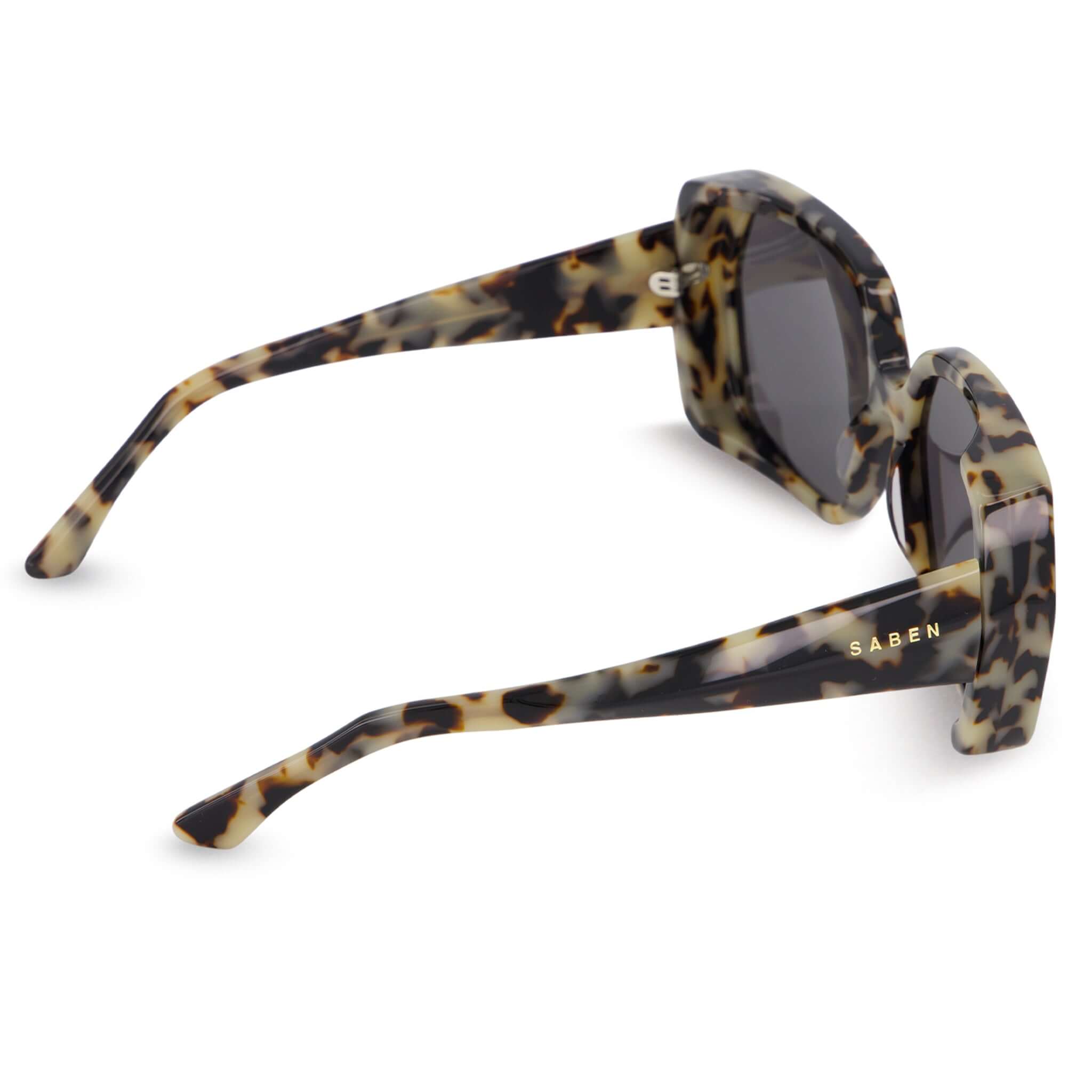 Alt Tag: Saben Eyewear Remi Sunglasses - Light Tortoise oversized hexagonal acetate sunglasses, bevelled frame with 5-barrel hinge