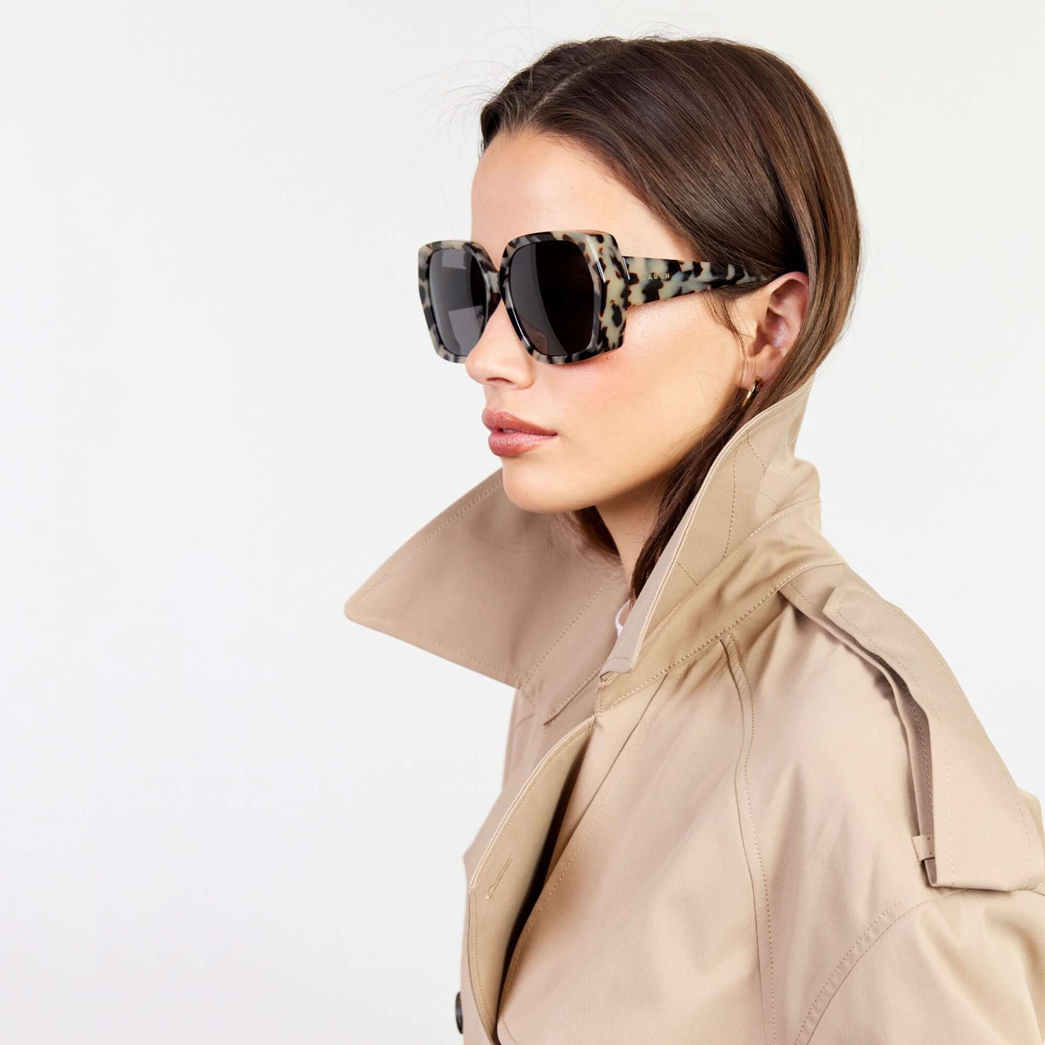 Saben Eyewear Remi Sunglasses - Light Tortoise oversized hexagonal acetate sunglasses on model, bold 70s-inspired style