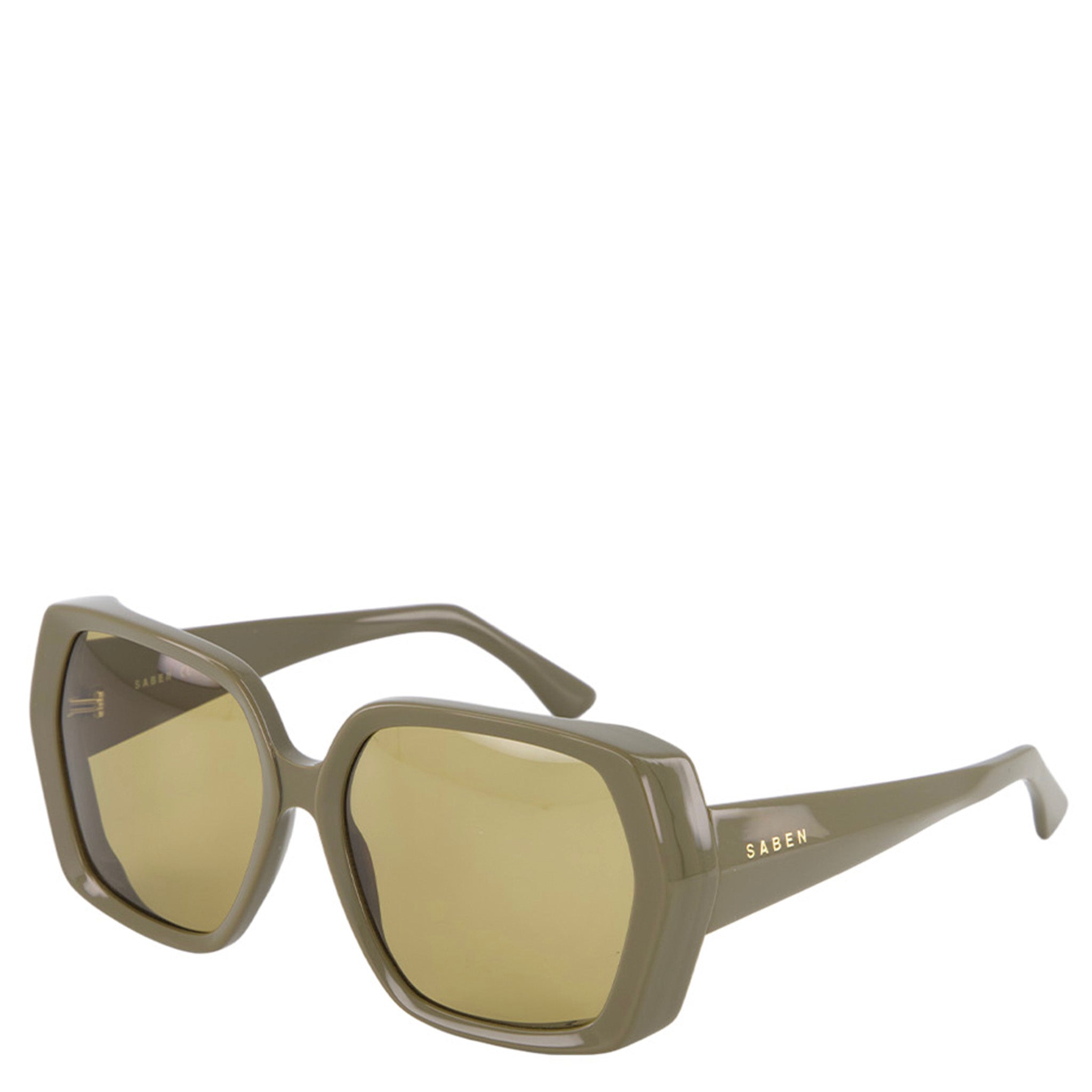 Sunglasses with a beige frame and gold-tinted lenses on a white background