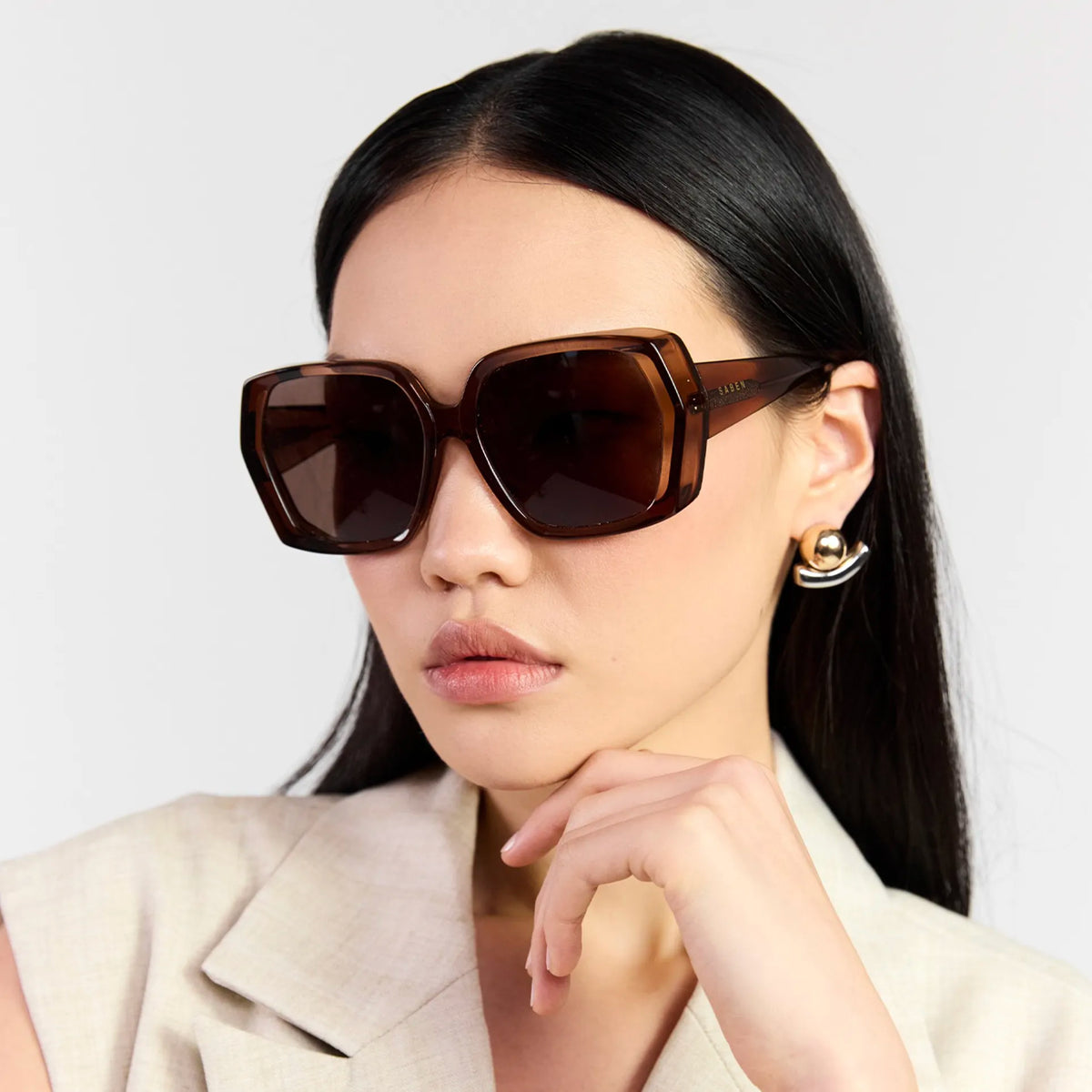 Saben Eyewear Remi Sunglasses in Sheer Brown - oversized square acetate frames with brown lenses