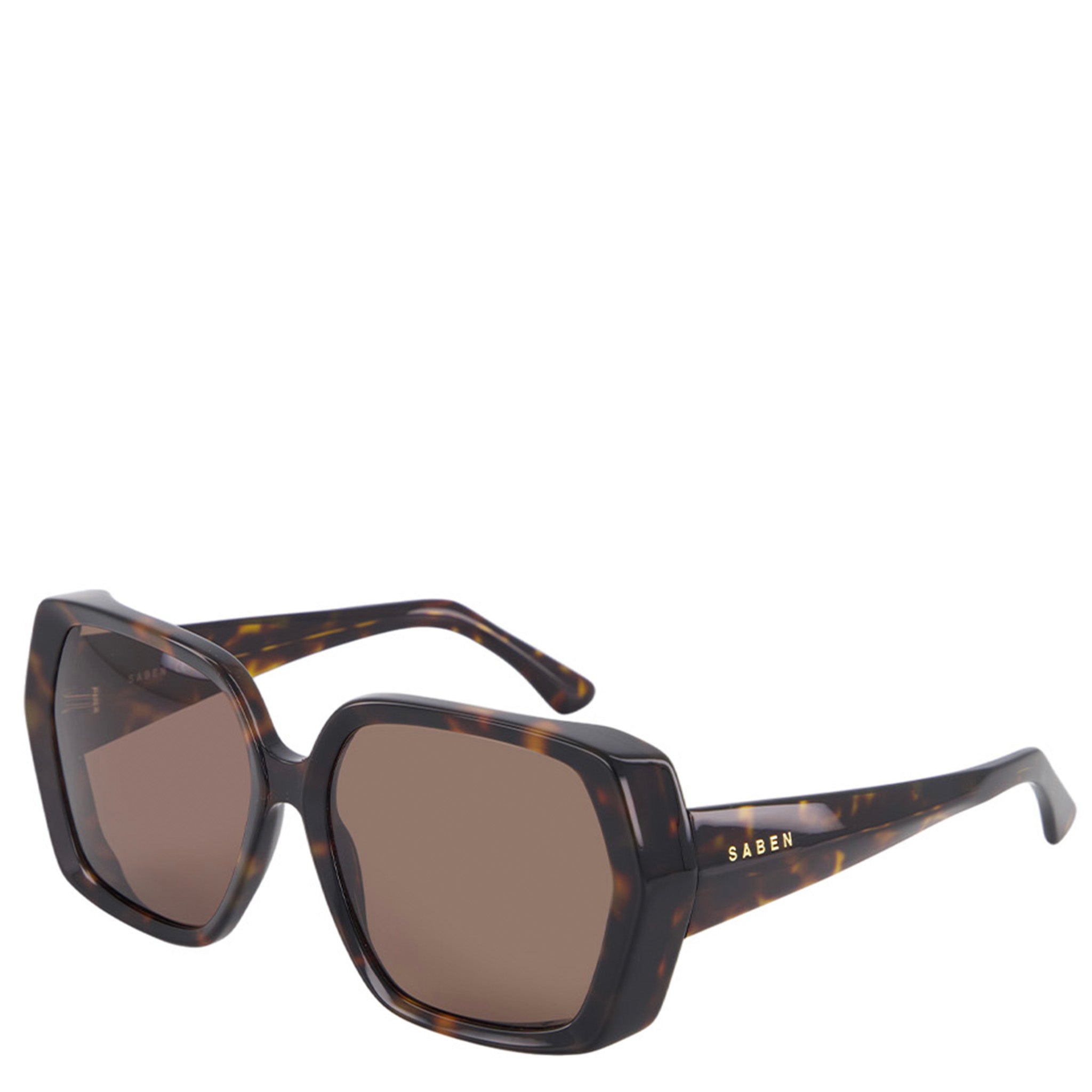 Sunglasses with tortoiseshell frame and brown lenses on a white background