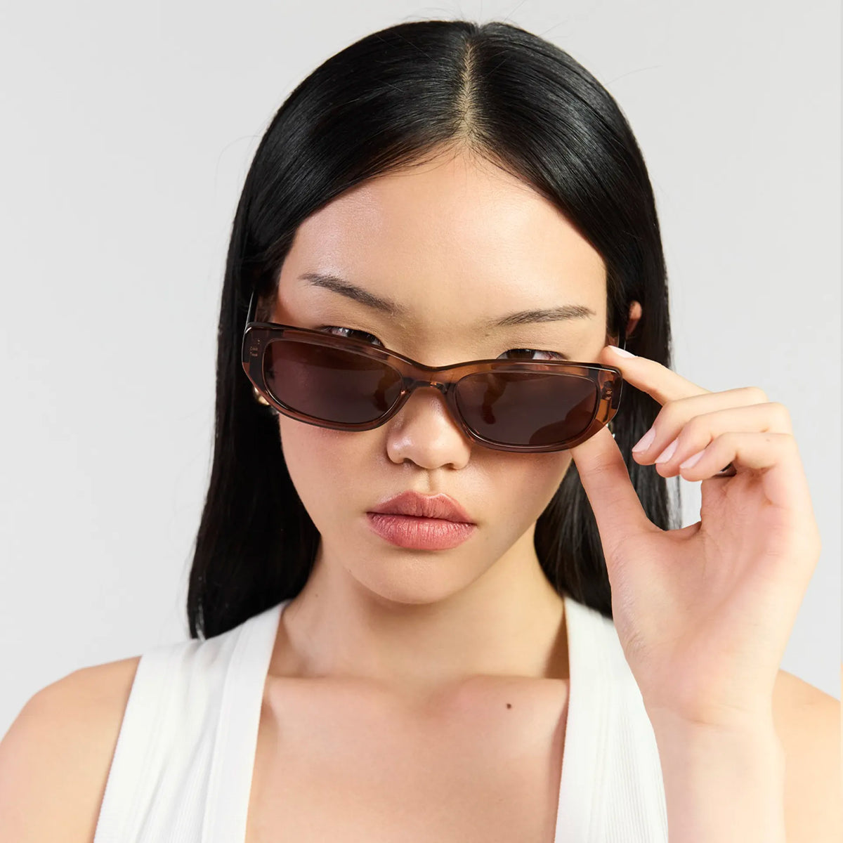 Saben Eyewear Rory Sunglasses in Sheer Brown - slim rectangular acetate frames with brown lenses