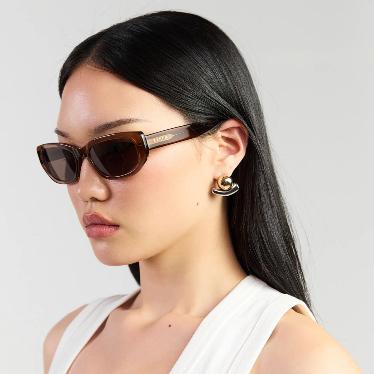 Saben Eyewear Rory Sunglasses in Sheer Brown - slim rectangular acetate frames with brown lenses