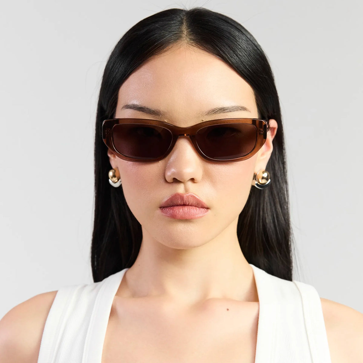 Saben Eyewear Rory Sunglasses in Sheer Brown - slim rectangular acetate frames with brown lenses