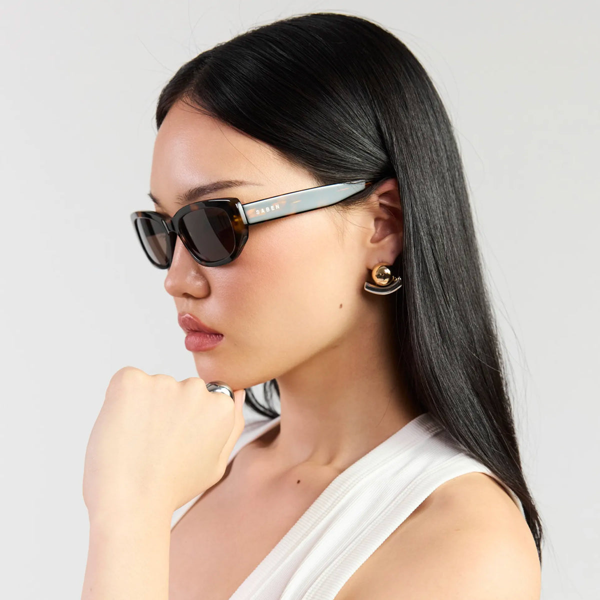 Saben Eyewear Rory Sunglasses in Tortoise - slim rectangular acetate frames with brown lenses