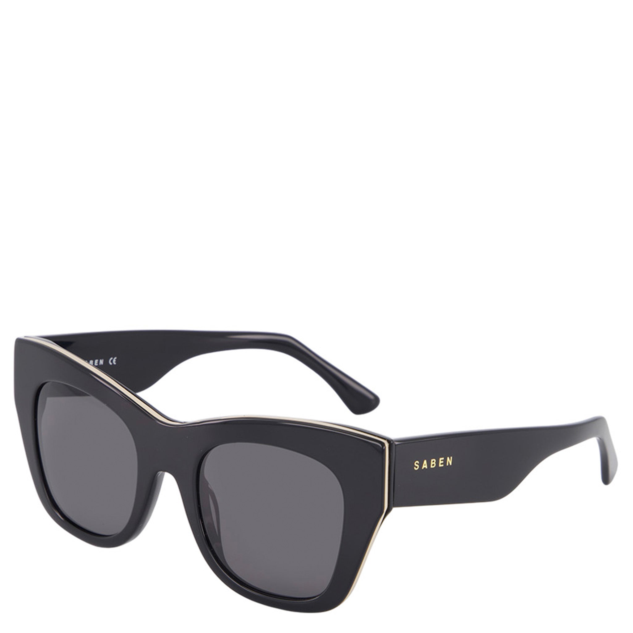 Black sunglasses with gold accents on a white background