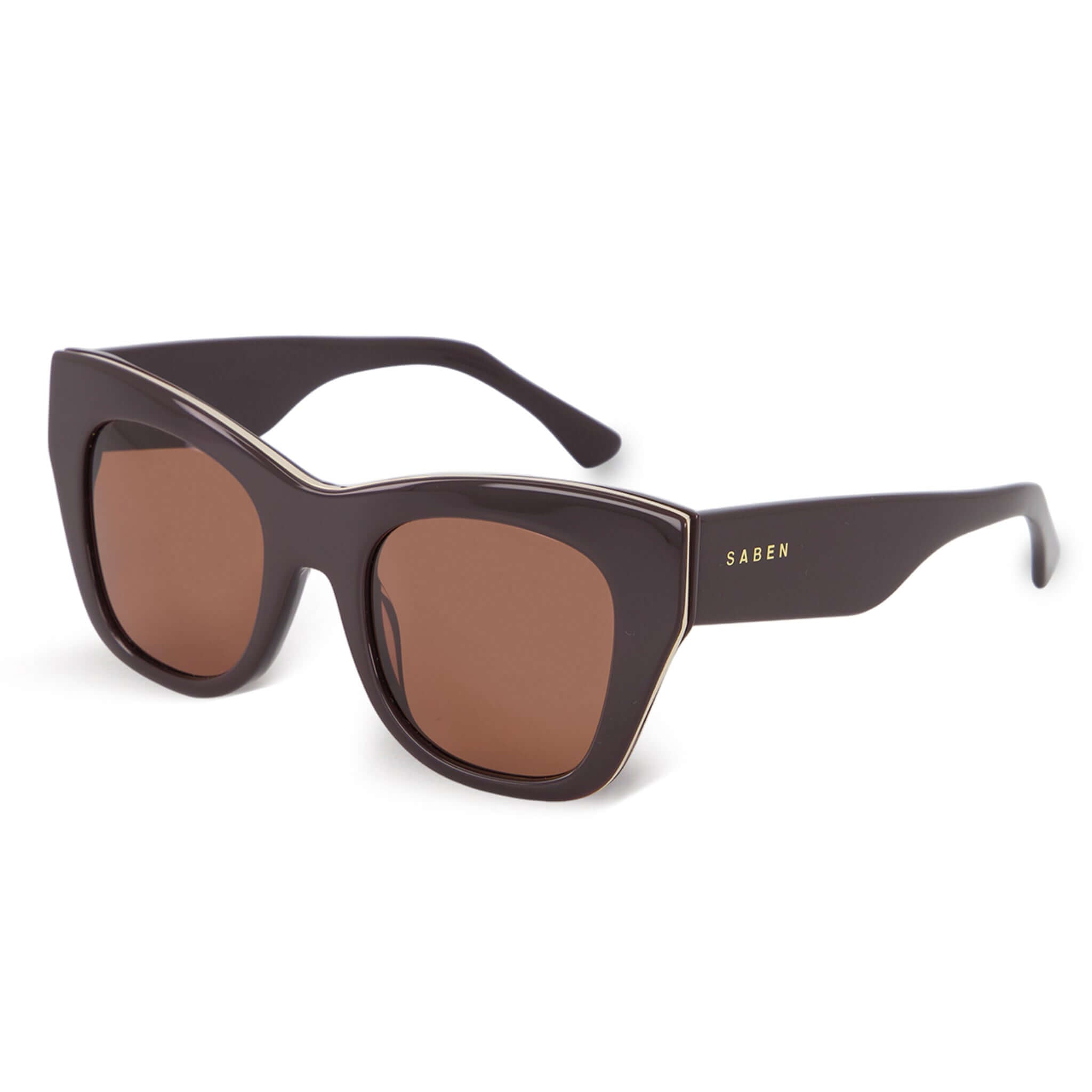 Alt Tag: Saben Eyewear Sloane Sunglasses - Espresso in natural acetate with recessed pale gold hardware and sculpting base frame