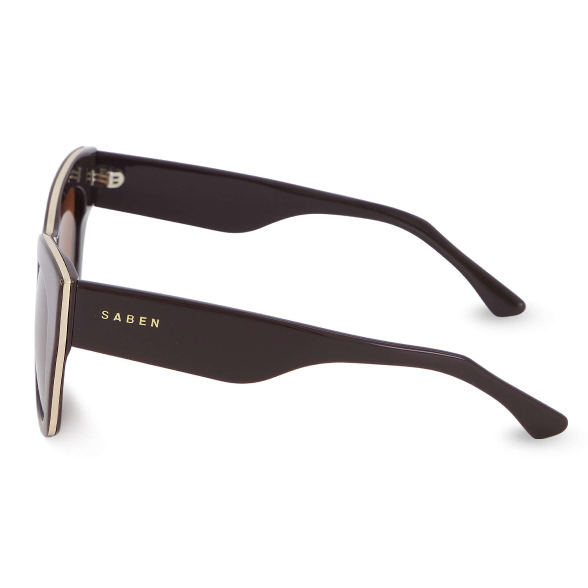 Alt Tag: Saben Eyewear Sloane Sunglasses - Espresso side view, natural acetate frame with pale gold hardware, elegant sculpting temples