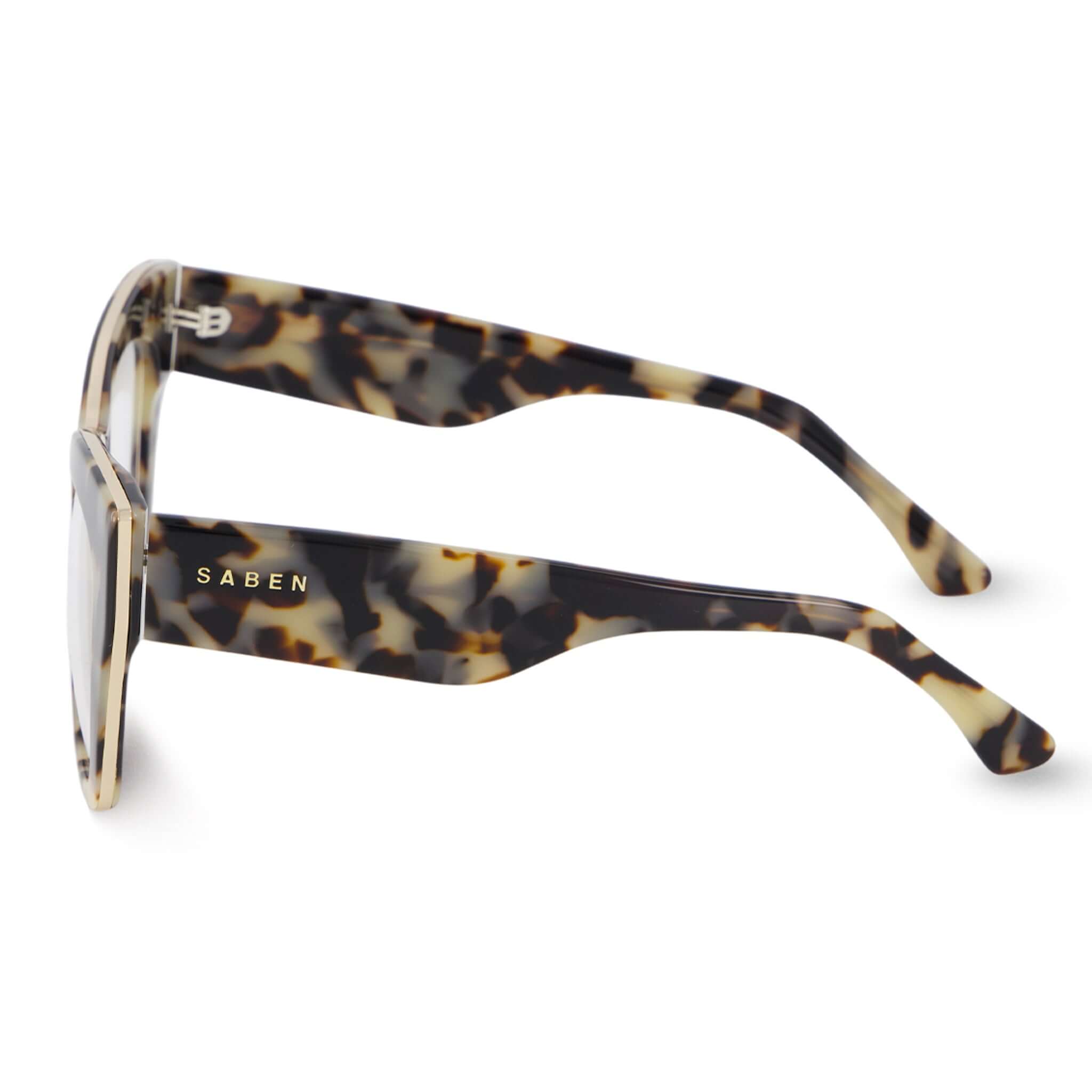 Alt Tag: Saben Eyewear Sloane Sunglasses - Light Tortoise side view, natural acetate frame with recessed pale gold hardware