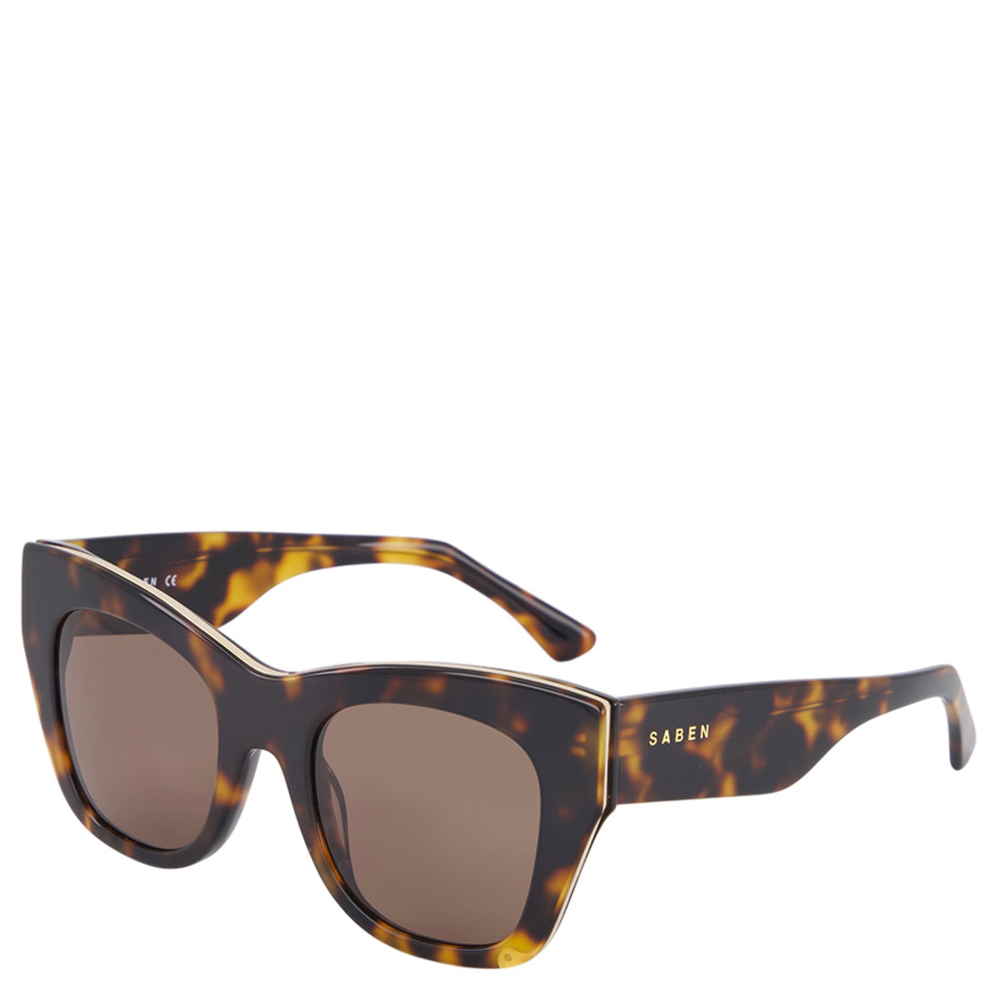 Sunglasses with tortoiseshell frame and brown lenses on a white background