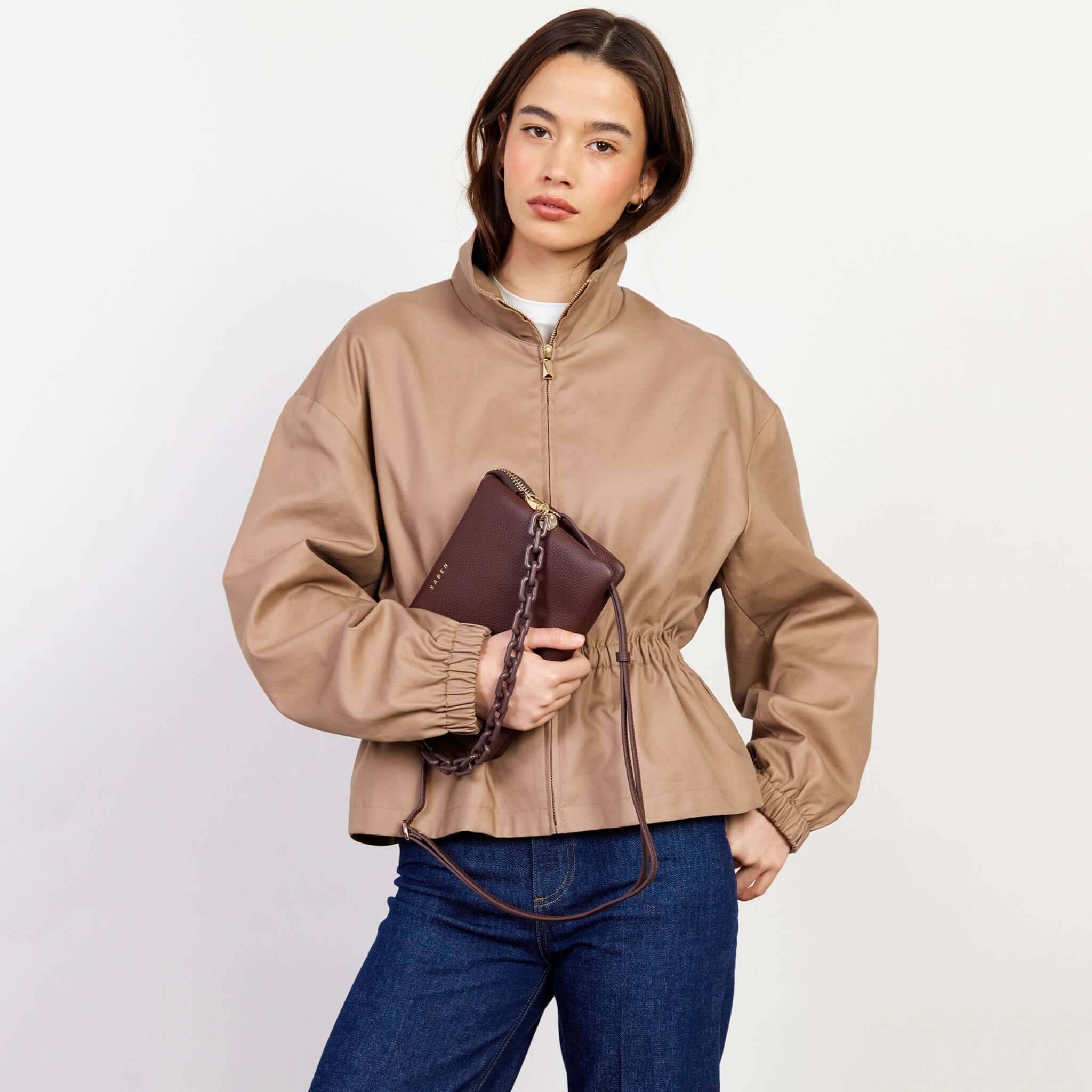 Saben Feature Chain Handle - Espresso Chunky on brown clutch bag, chunky chain wristlet handle styled on model