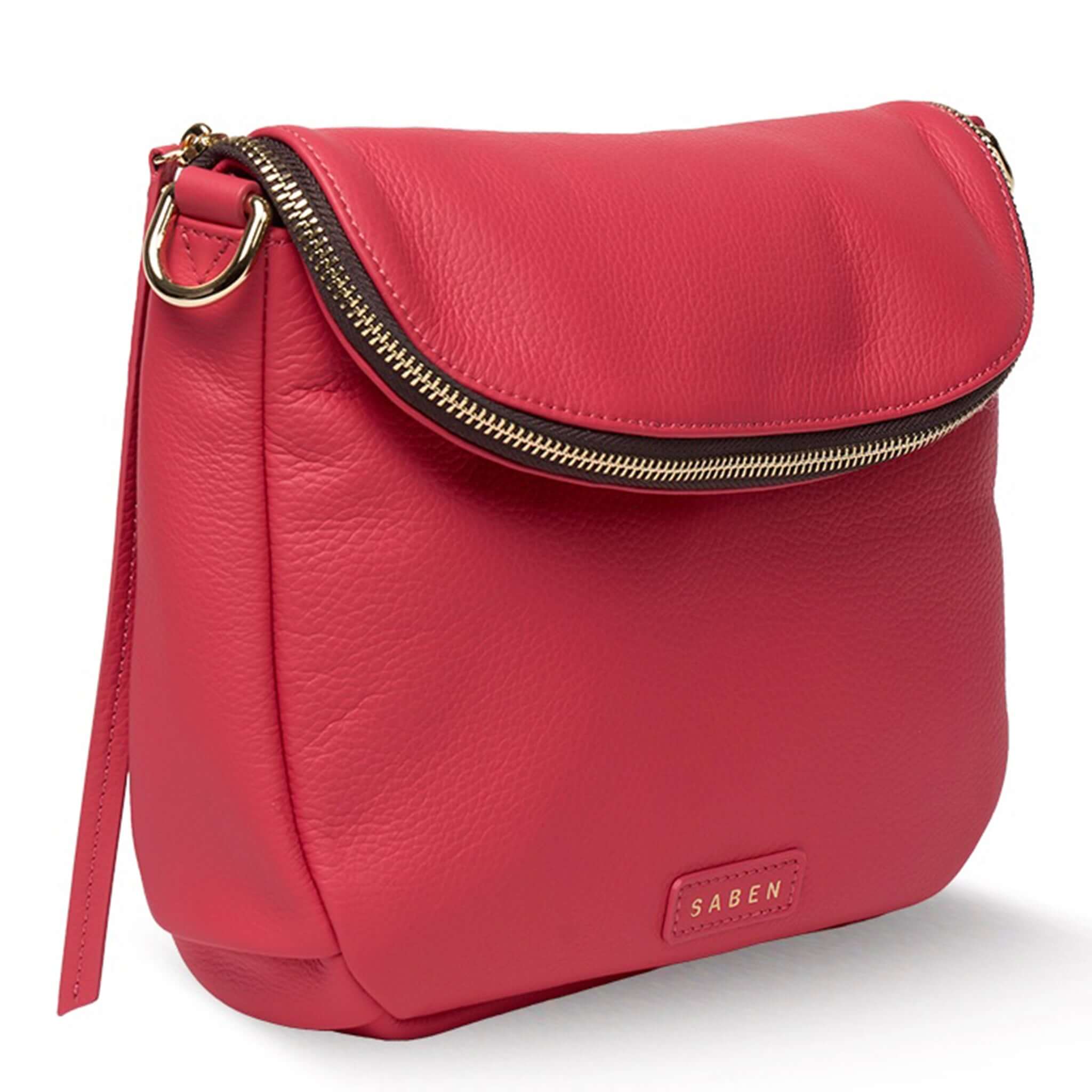 Saben Fifi Crossbody Bag - Azalea in soft pebbled leather with stylish draped pocket detail.