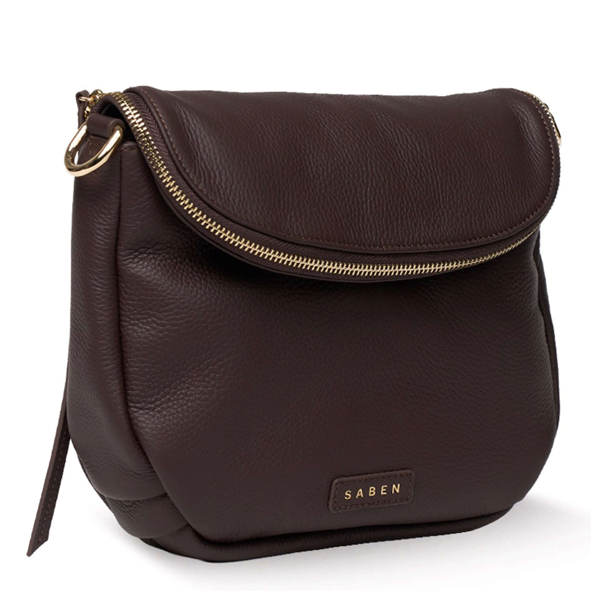 Saben Fifi Crossbody Bag - Cacao in soft pebbled leather featuring a gold zipper and stylish draped pocket detail.