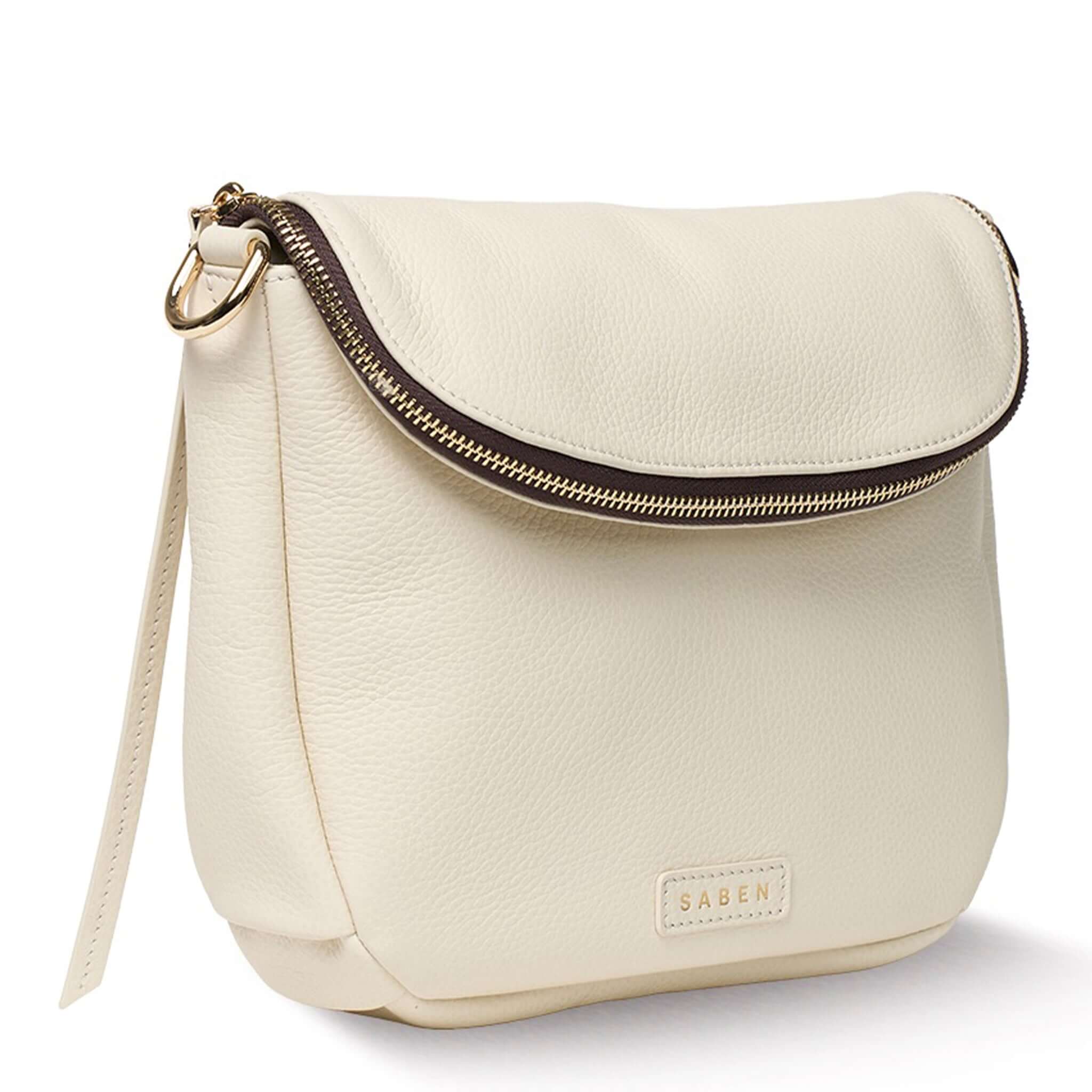 Saben Fifi Crossbody Bag - Quartz in soft pebbled leather with draped pocket detail for chic everyday style.