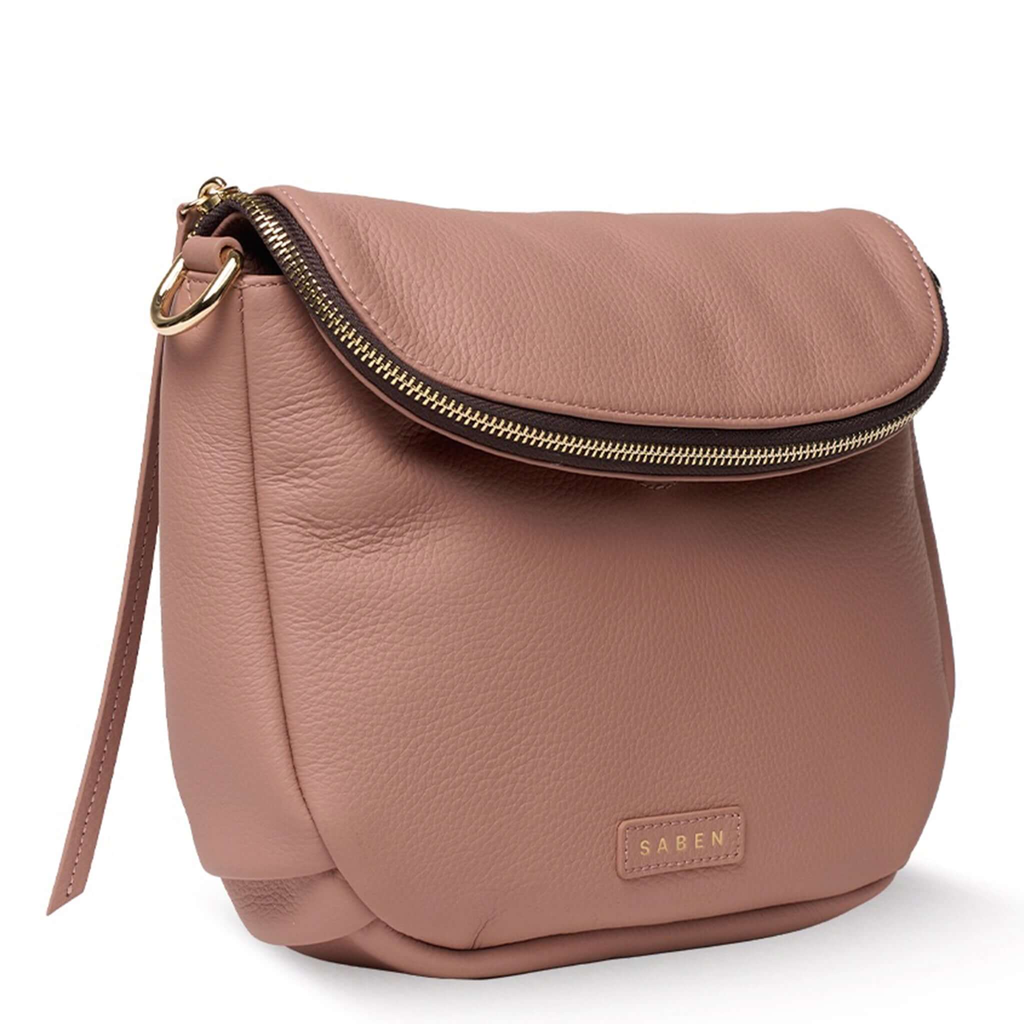 Saben Fifi Crossbody Bag - Rosewater, a compact and chic bag in soft pebbled leather with gold zipper detailing.