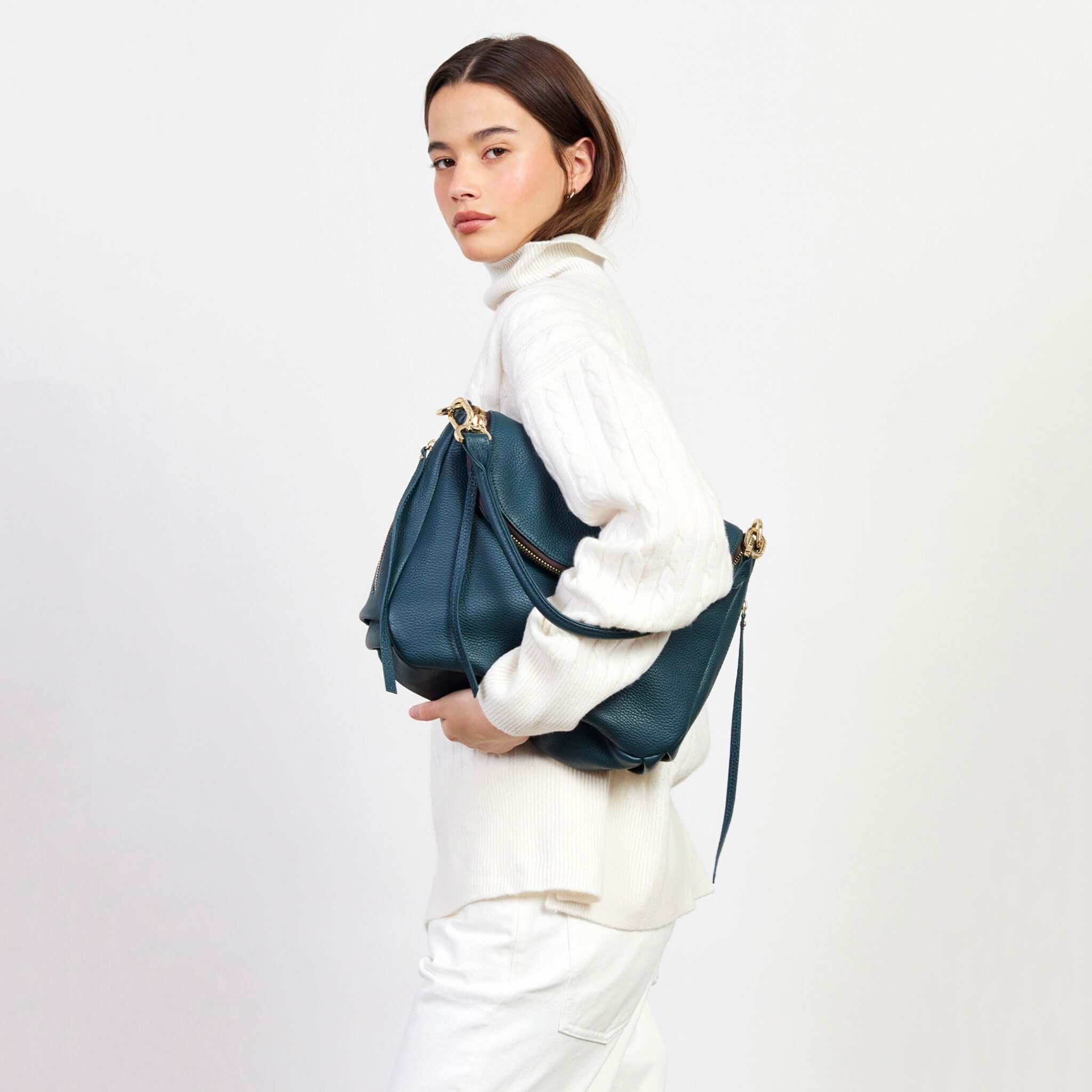 Alt Tag: Saben Frankie Shoulder Bag - Hunter Green slouchy leather shoulder bag with oversized zip flap compartment, worn crossbody