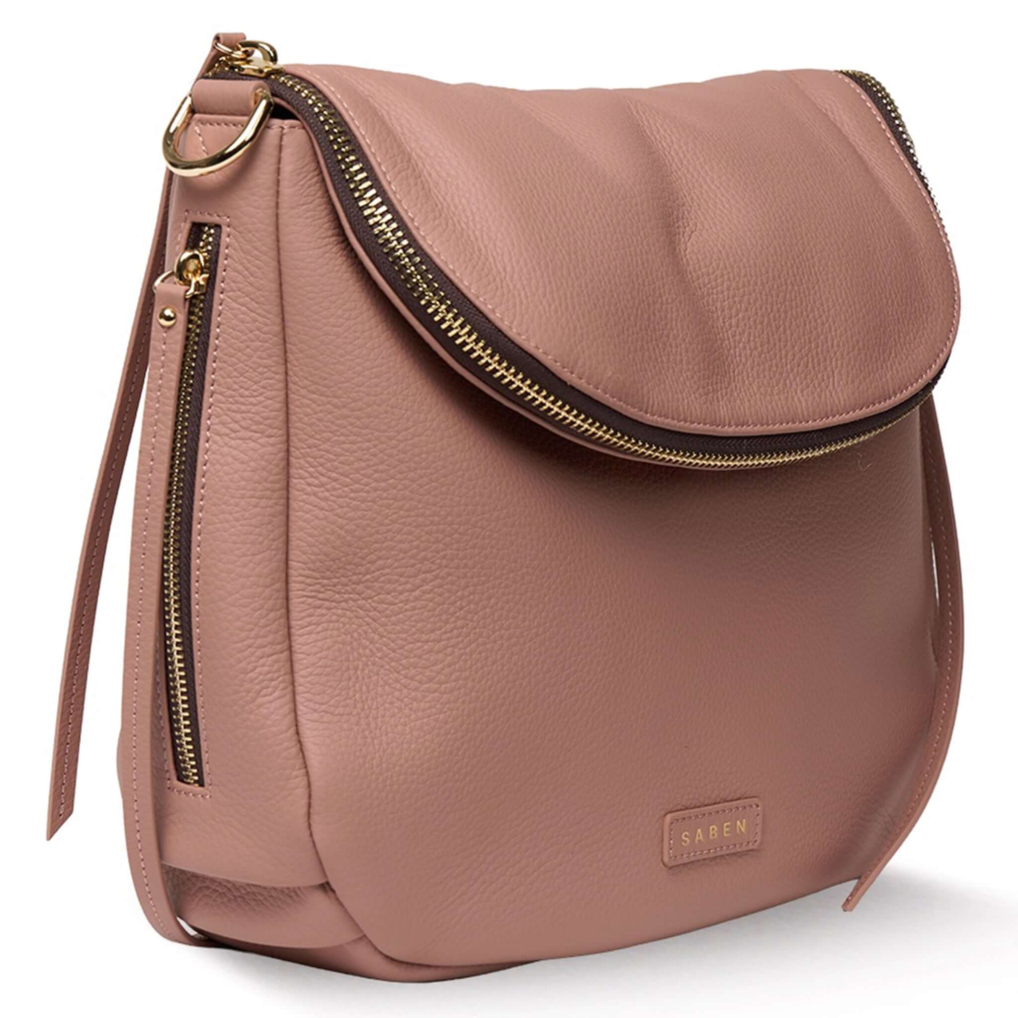 Saben Frankie Shoulder Bag - Rosewater side view showing pebbled leather and zipper detail.