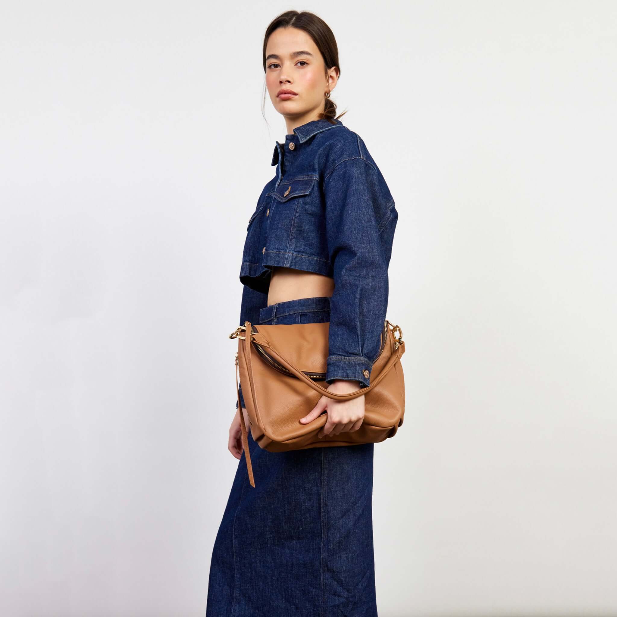 Saben Frankie Shoulder Bag - Toffee slouchy toffee pebbled leather shoulder bag with oversized flap and separate compartment