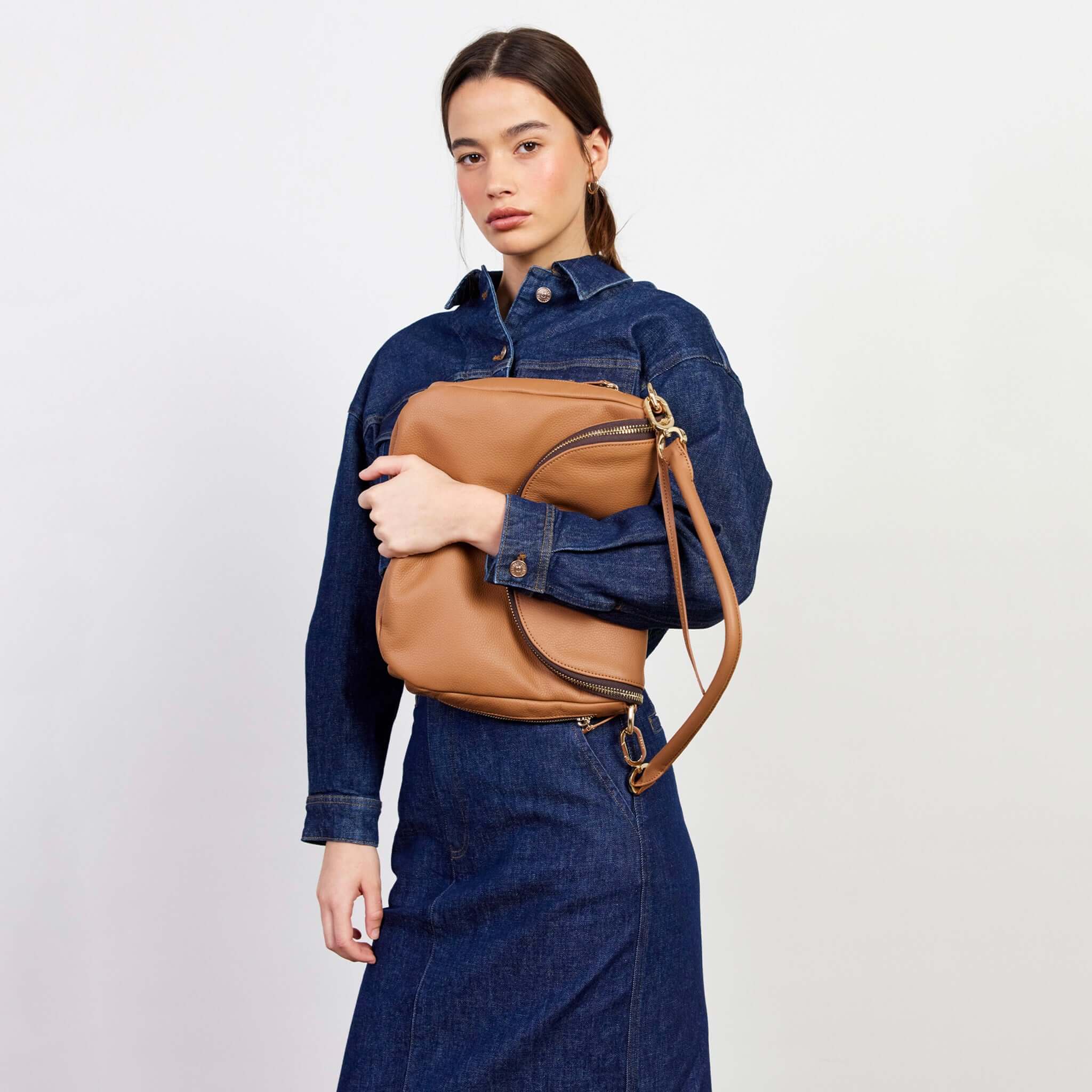 Saben Frankie Shoulder Bag - Toffee worn as a slouchy shoulder bag in pebbled toffee leather with front flap zip compartment