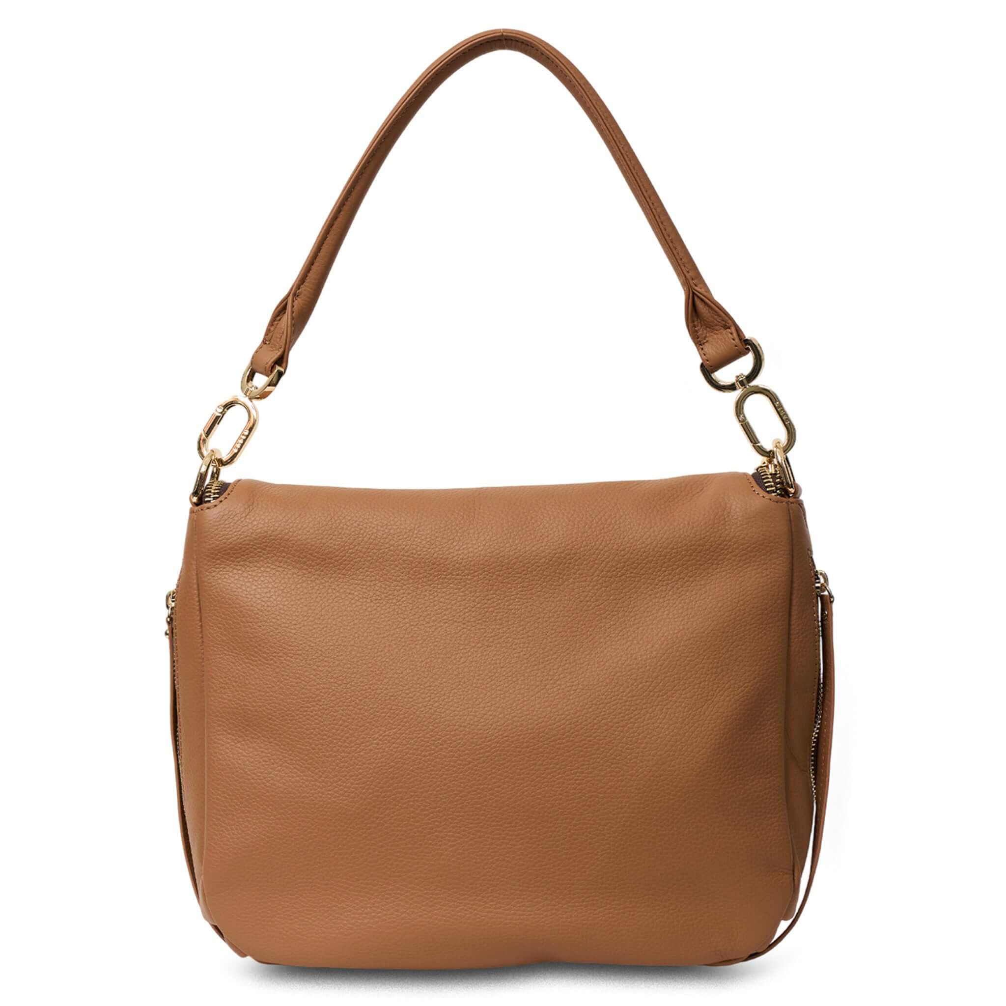 Saben Frankie Shoulder Bag - Toffee slouchy pebbled leather shoulder bag with front flap zip compartment