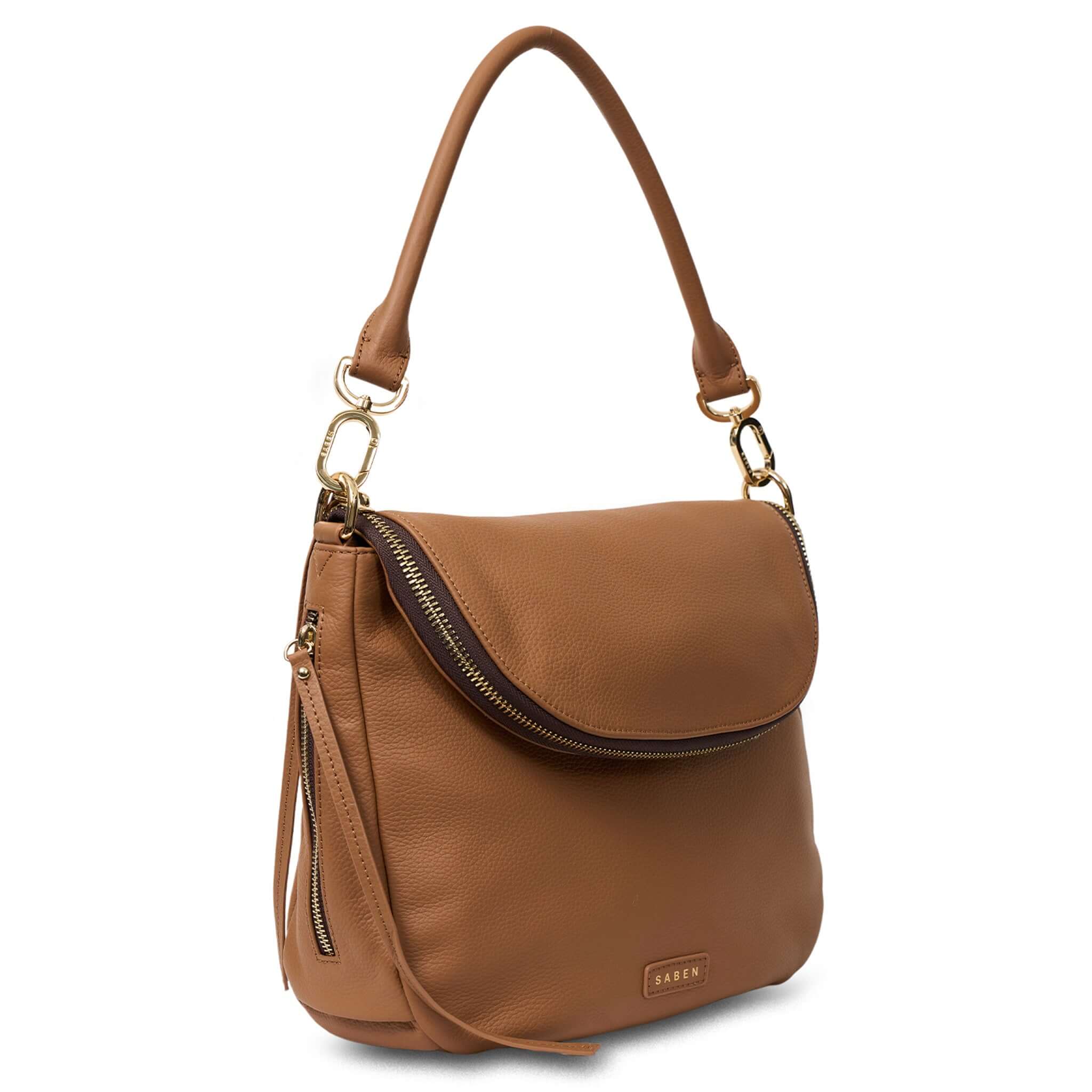 Saben Frankie Shoulder Bag - Toffee slouchy pebbled leather shoulder bag with oversized zip flap compartment and gold hardware