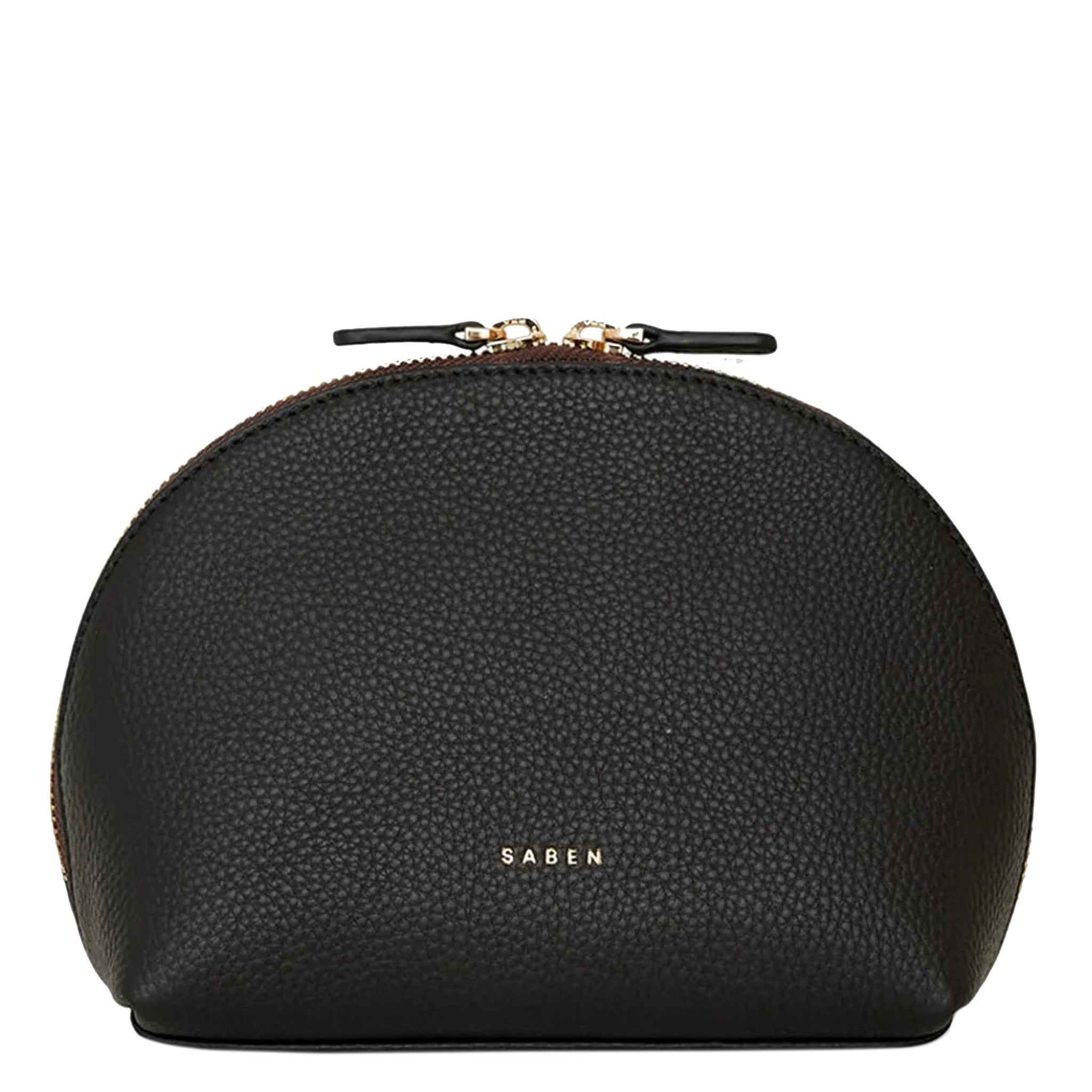 Black textured cosmetic bag with 'SABEN' branding on a white background