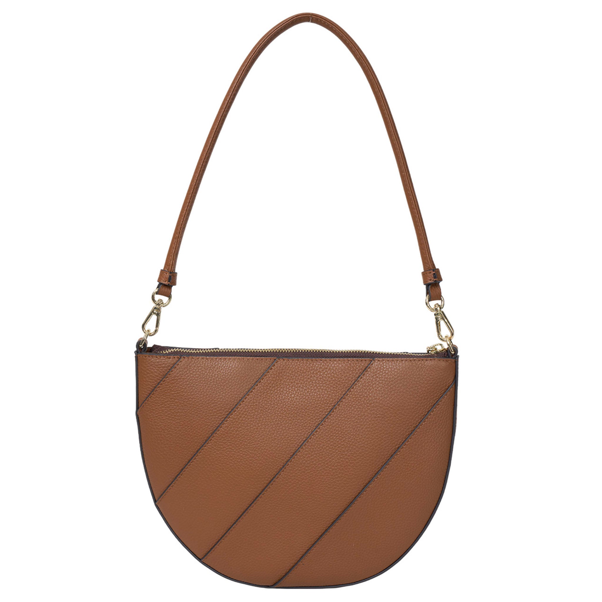 Brown handbag with a diagonal stripe pattern on a white background