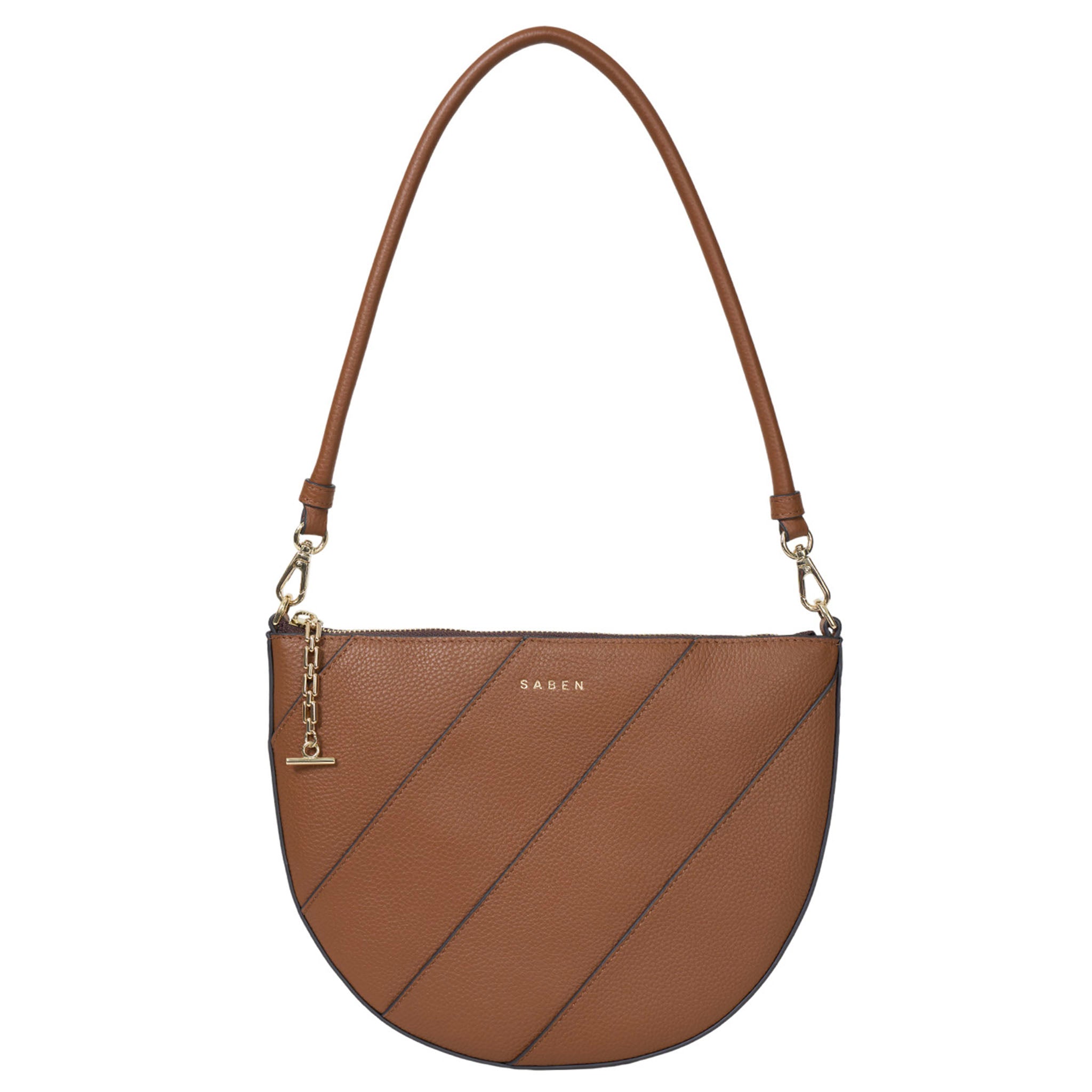 Brown handbag with a diagonal stripe pattern on a white background