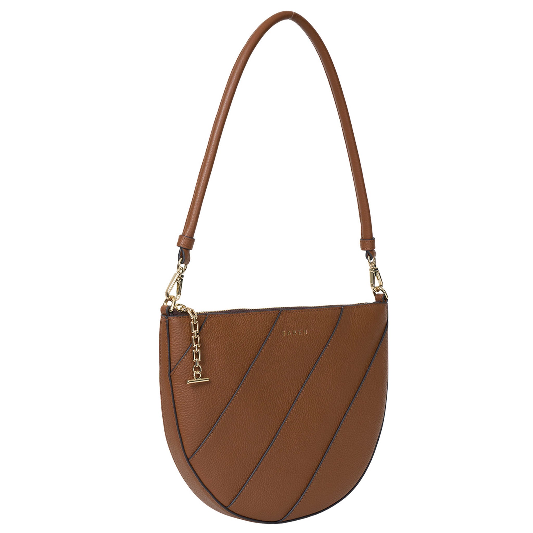 Brown handbag with a gold chain strap on a white background