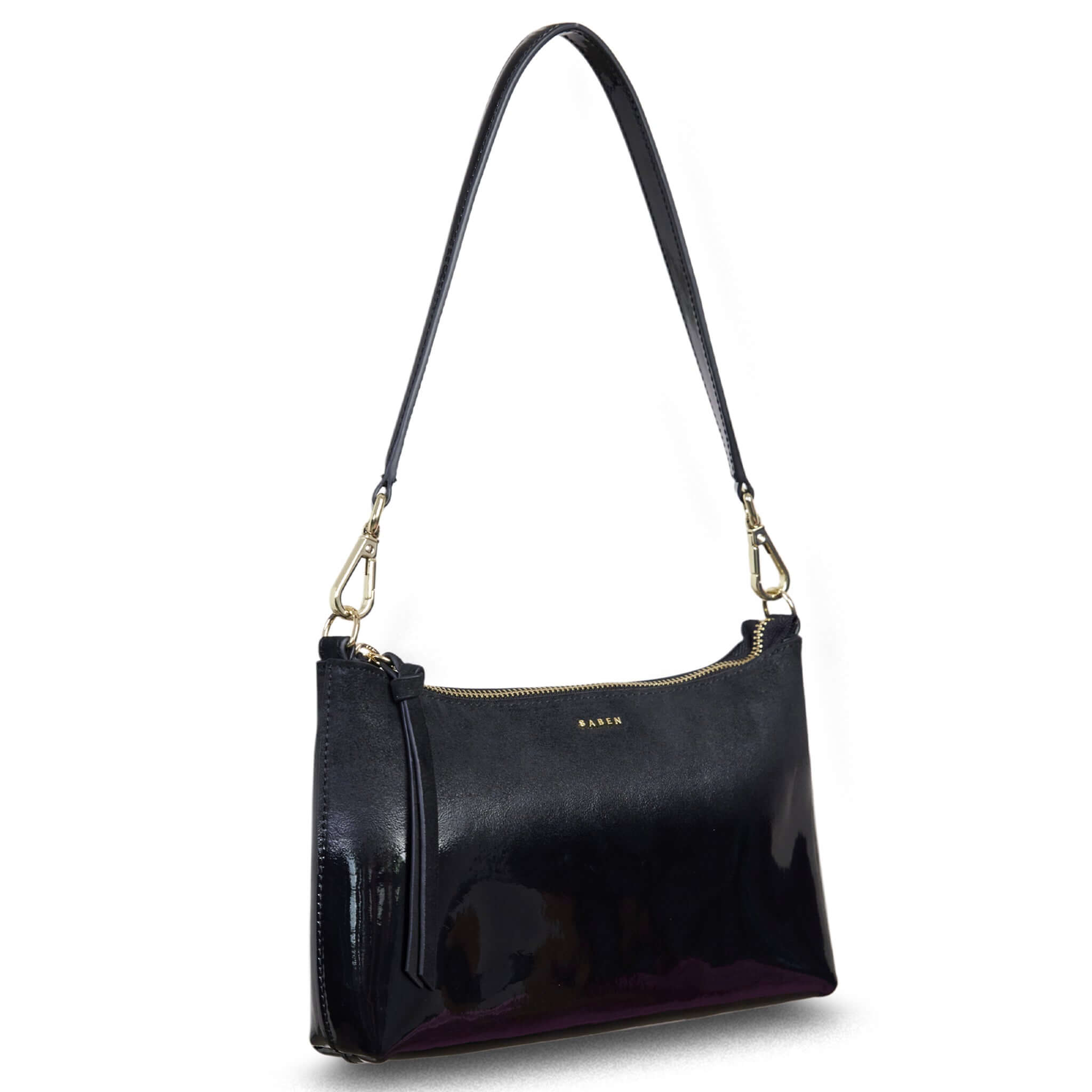 Alt Tag: Saben Haven Shoulder Bag - Black Dipped black leather shoulder bag with gold hardware, zip top, adjustable strap for crossbody or shoulder