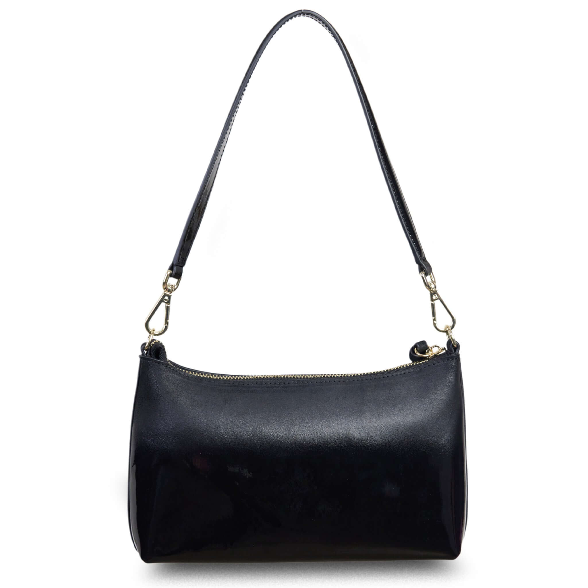 Alt Tag: Saben Haven Shoulder Bag - Black Dipped black leather shoulder bag with detachable strap, gold hardware and zip top