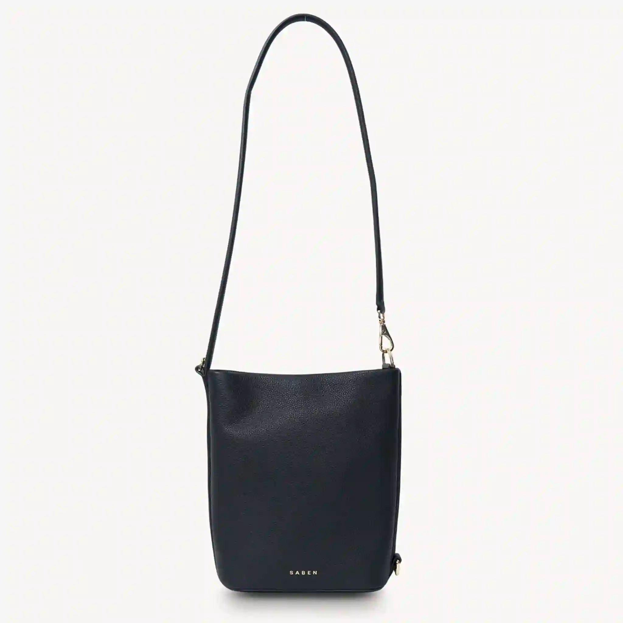 Black shoulder bag with a strap on a white background