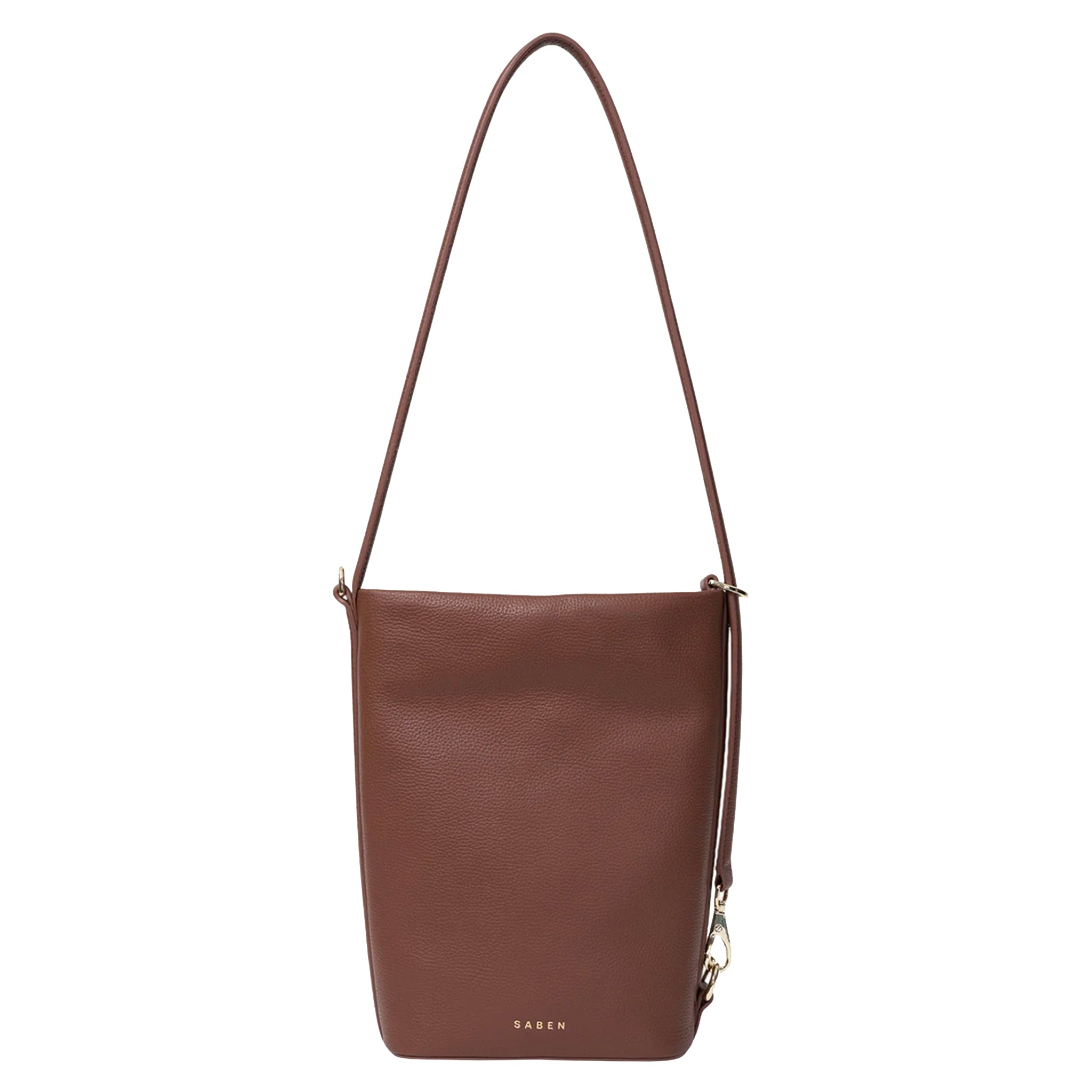 Brown leather shoulder bag on a white background