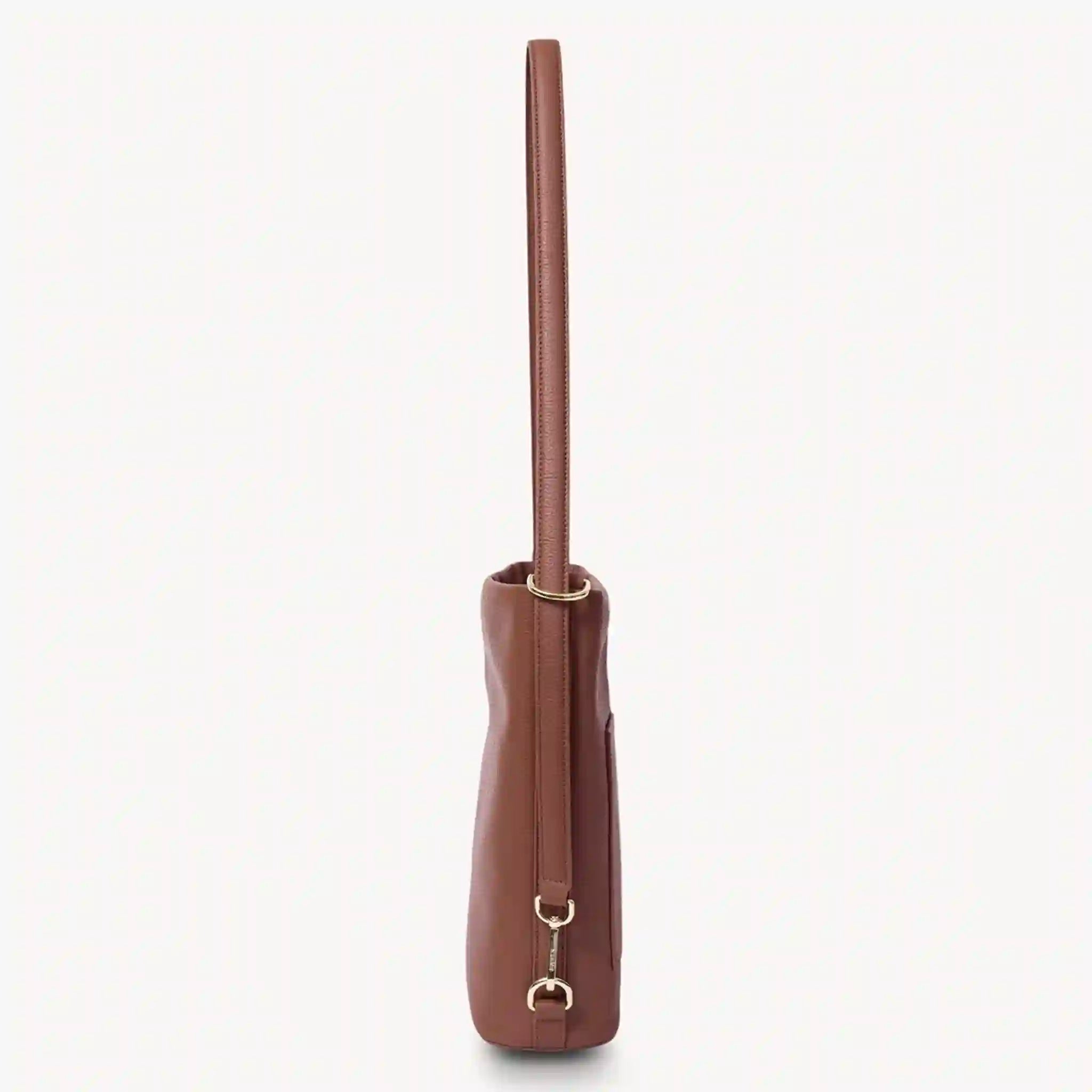 Brown handbag with a long handle on a white background
