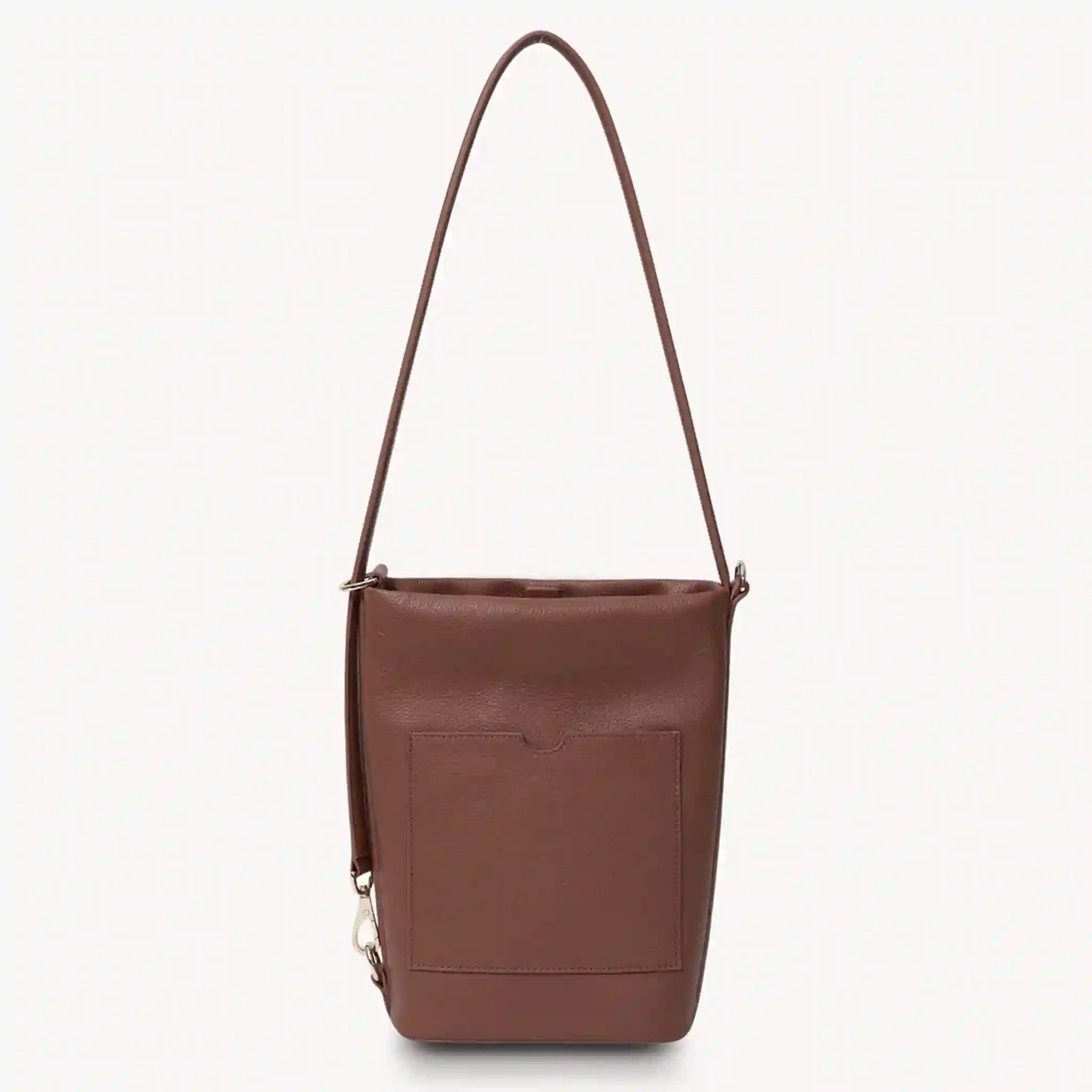 Brown leather handbag with a shoulder strap on a white background