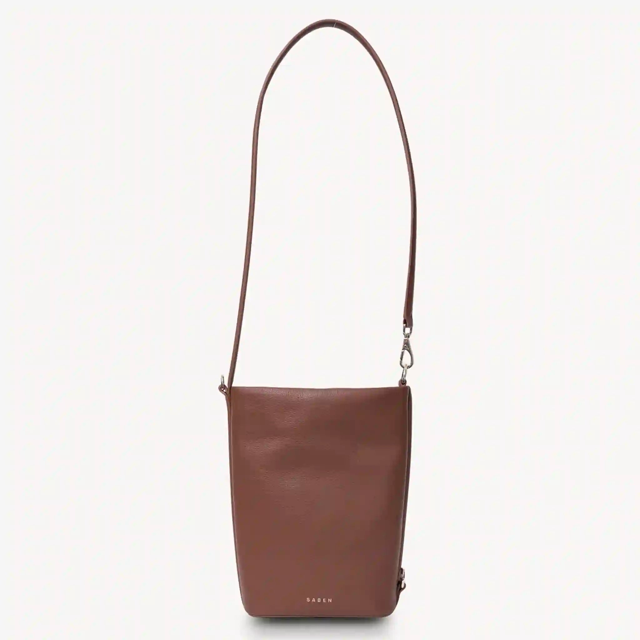Brown leather shoulder bag on a light gray background
