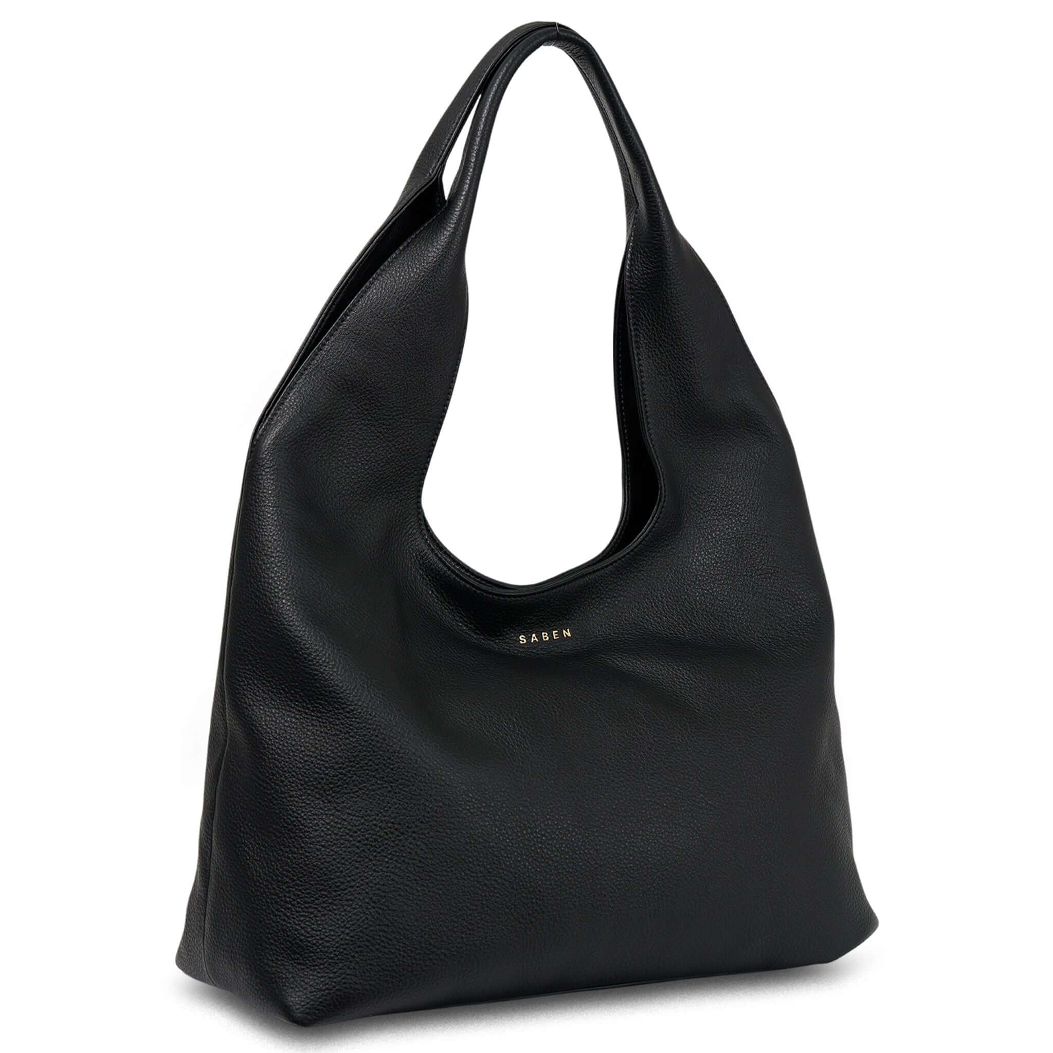 Alt Tag: Saben Kip Shoulder Bag - Lightly Milled Black slouchy black leather shoulder bag with relaxed drape, roomy everyday essentials