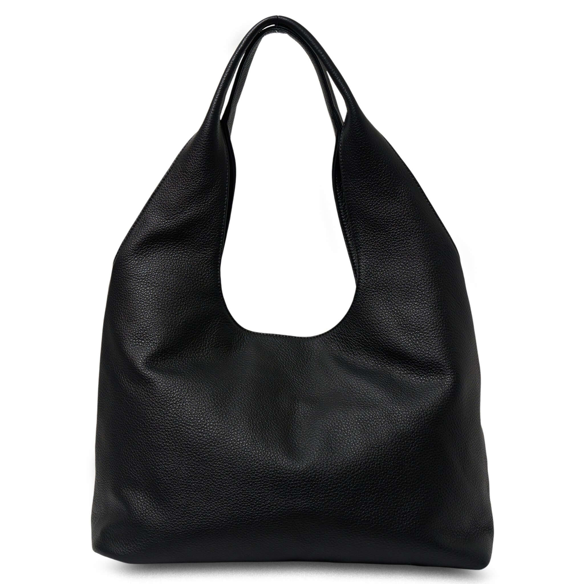 Alt Tag: Saben Kip Shoulder Bag - Lightly Milled Black slouchy black leather shoulder bag with roomy interior and relaxed drape