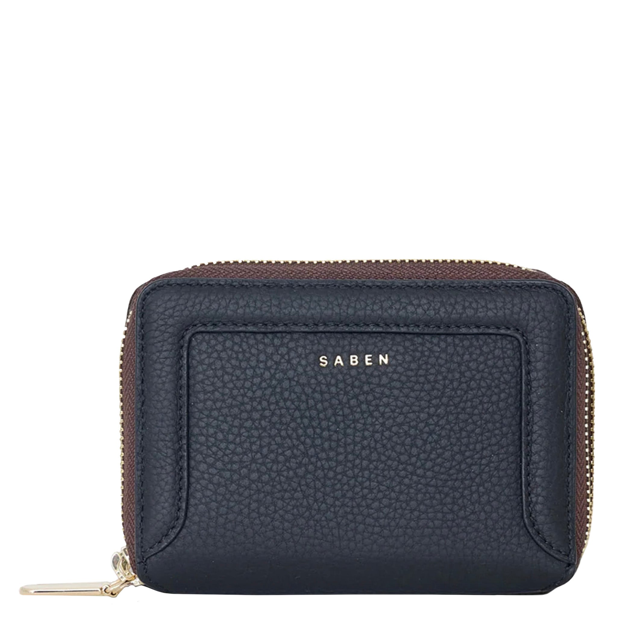 Black leather wallet with 'Saben' branding on a white background