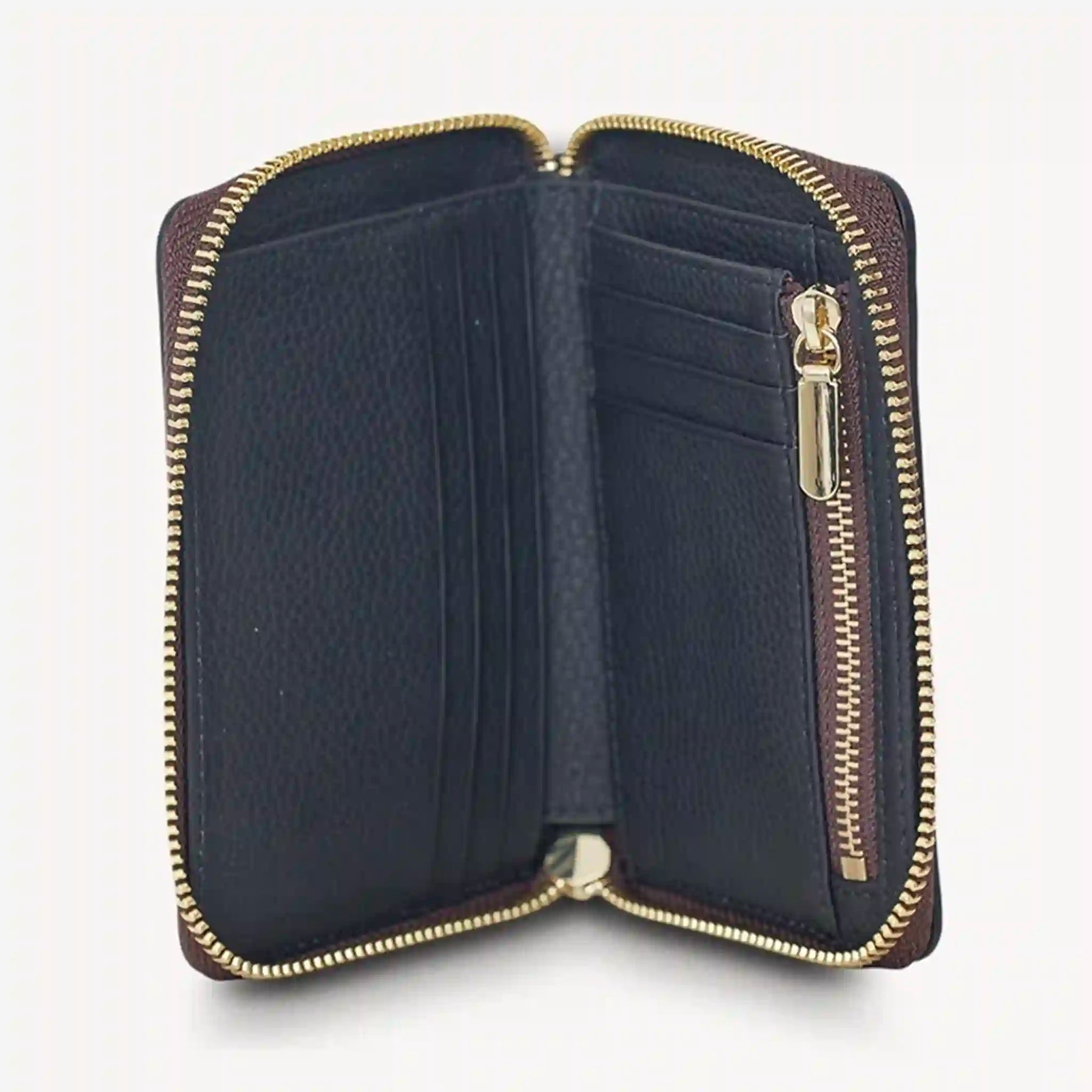 Black wallet with gold zipper on a white background