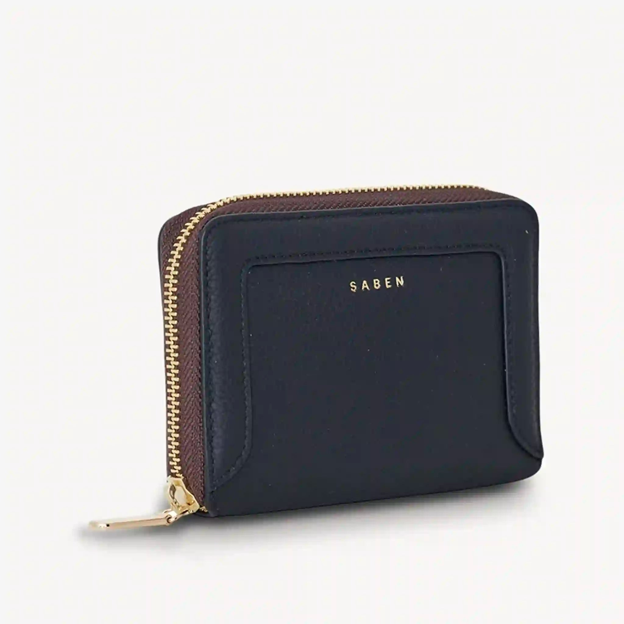 Black wallet with gold zipper and 'SABEN' branding on a white background